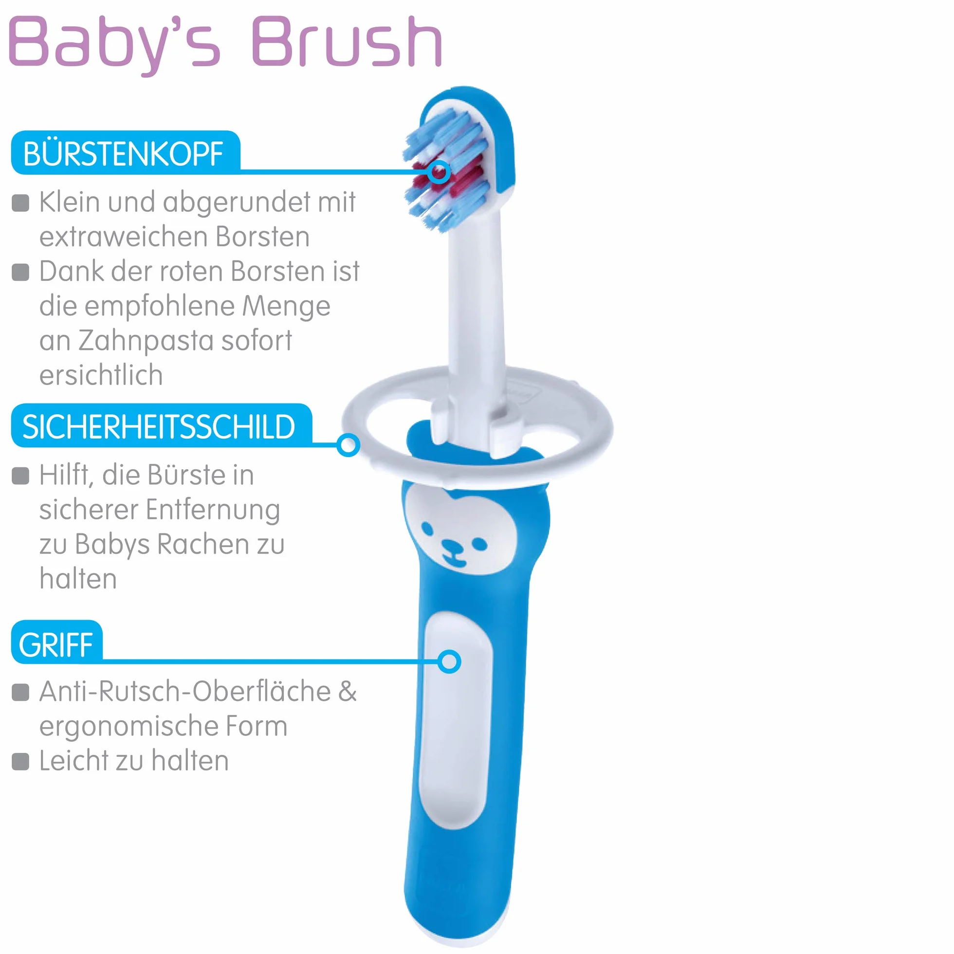 MAM Baby's Brush w zestawie 2 szt. szczoteczka do zębów dla niemowląt z krótkim uchwytem do łatwego trzymania, szczoteczka do zębów dla dzieci do delikatnego czyszczenia zębów, od 6+ miesięcy,