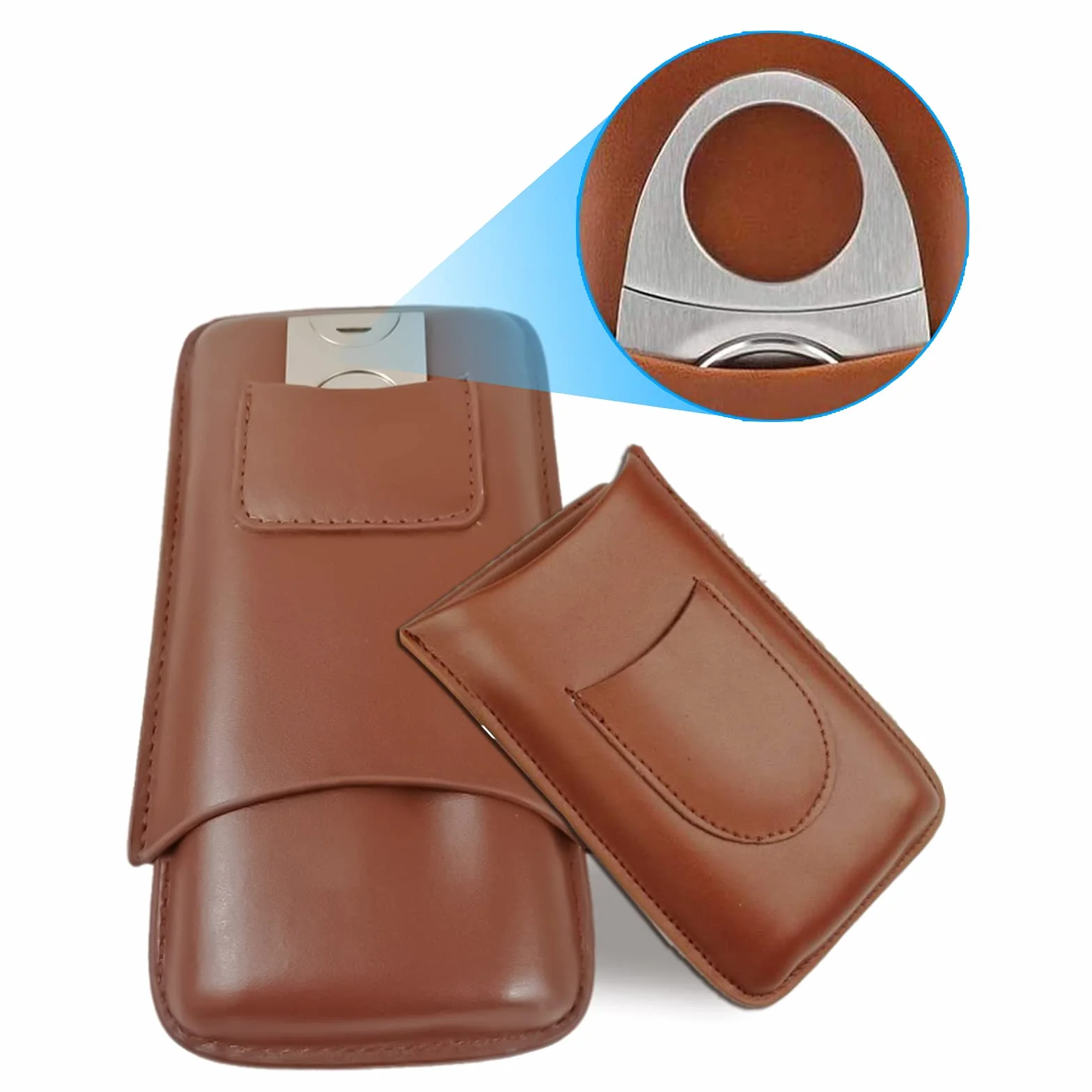 Etui na cygara, 3 cygara, skórzane etui z przecinakiem do cygar, do przenośnego humidora, cygar, na krótkie wycieczki (brązowe)