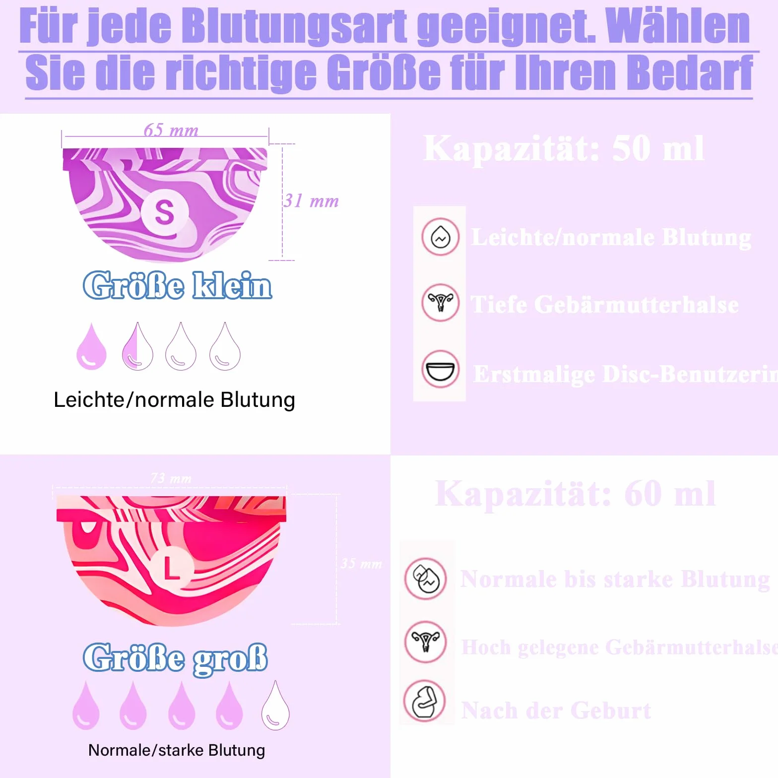 2 sztuki krążków menstruacyjnych rozmiary S L, kubek menstruacyjny, wielokrotnego użytku, krążek miesiączkowy, miękki, szczelny, z silikonu, alternatywa dla tamponów