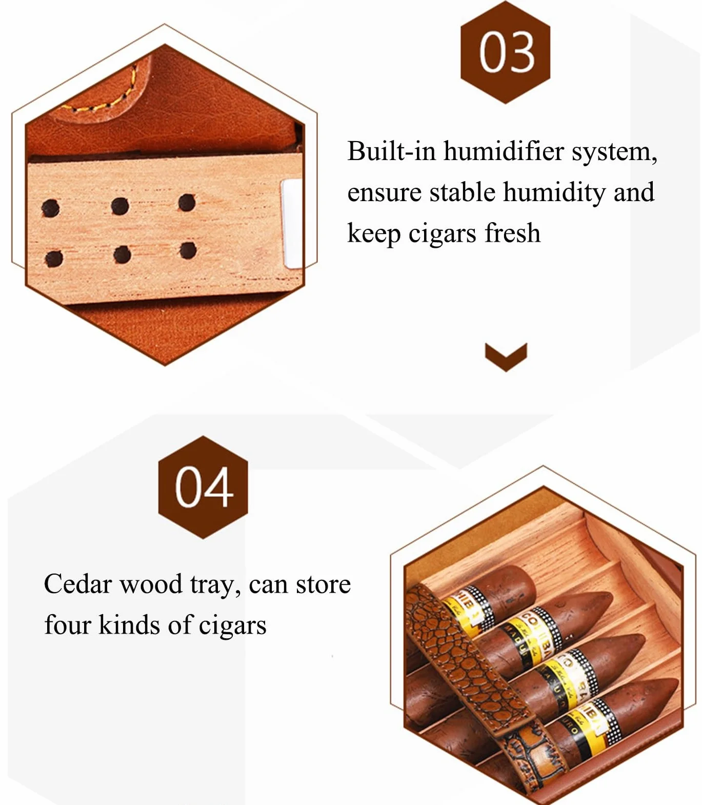 Cigar Humidor Box for 4 Cigars Cedar Wood Lined Leather Travel Case with Humidifier Brown