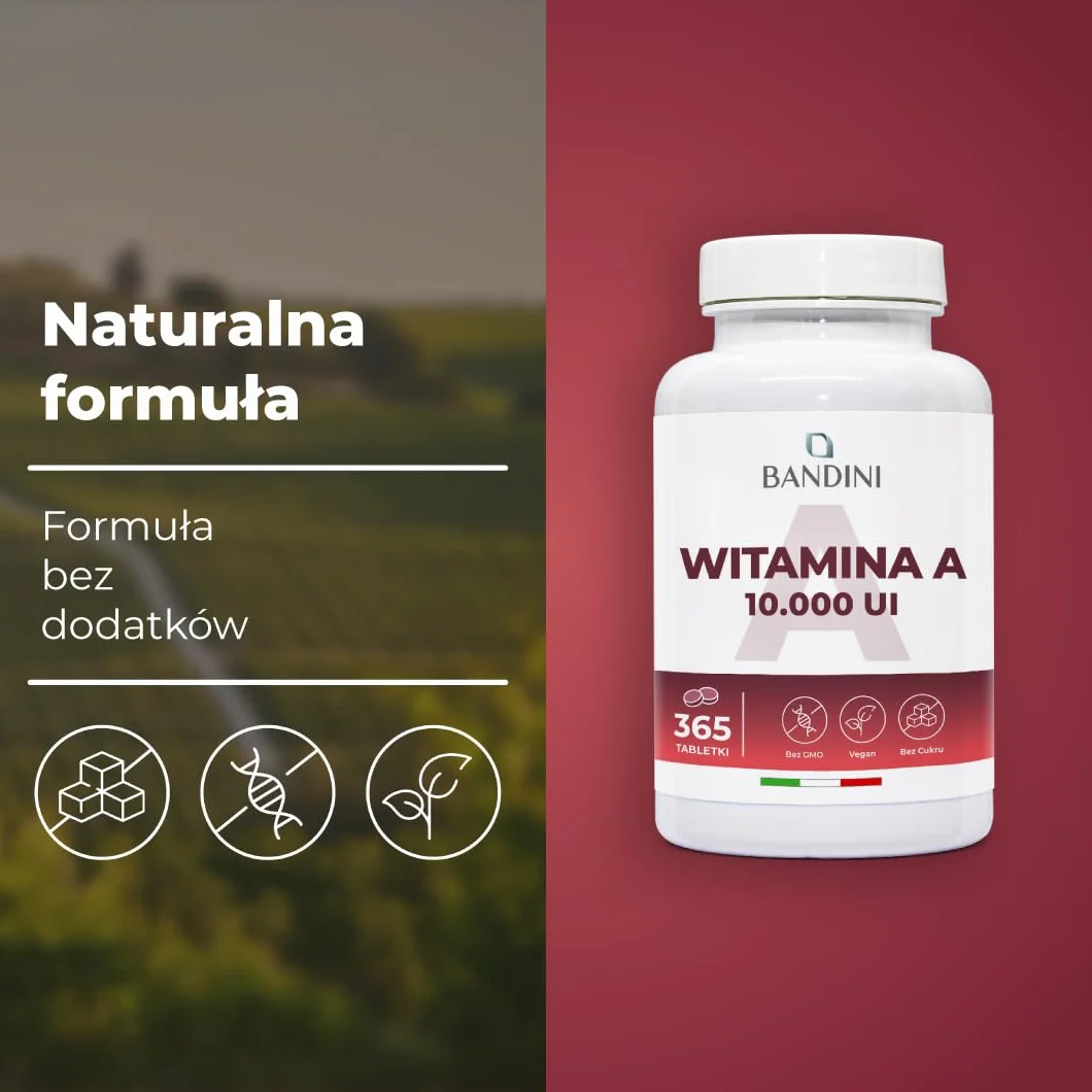 Bandini® Czysta Witamina A 10000 IU, 365 wegańskich tabletek (1+ rok), Pomaga utrzymać prawidłową skórę i wzrok, Octan retinylu, Alternatywa dla kropli i kapsułek witaminy A, Bez sztucznych dodatków