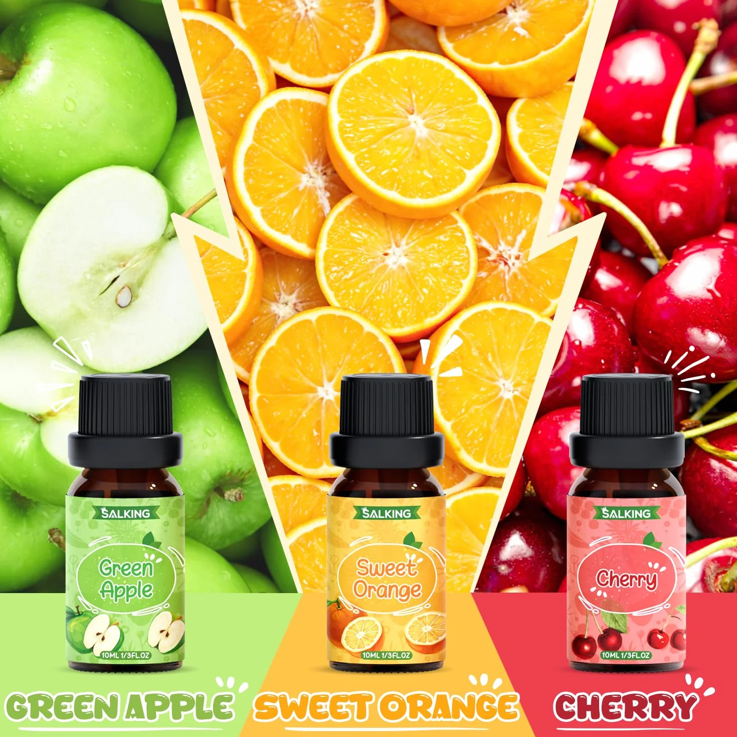 SALKING Zestaw olejków eterycznych z owoców, 6 x 10 ml, 100% aromaterapii, zestaw prezentowy do dyfuzora, nawilżacza powietrza, masażu, wiśni, ananasa, malin, słodkiej pomarańczy, guawy, zielonego