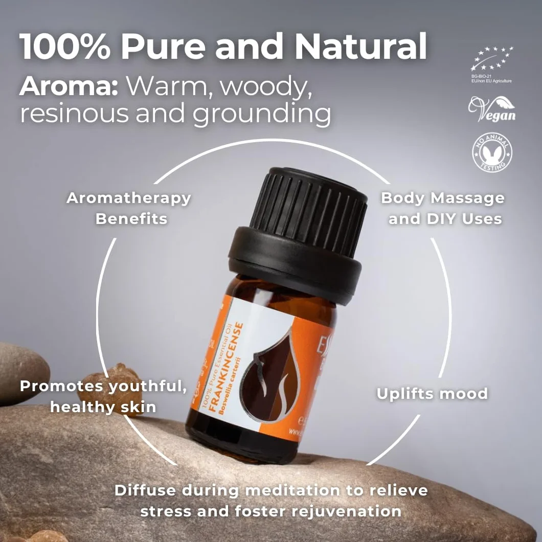 Essences Bułgaria Organiczny Olejek Eteryczny z Kadzidła 5 ml | Boswellia carterii | 100% Czysty i Naturalny | Nierozcieńczony | Klasa Terapeutyczna | Aromaterapia | Kosmetyki | Bez okrucieństwa
