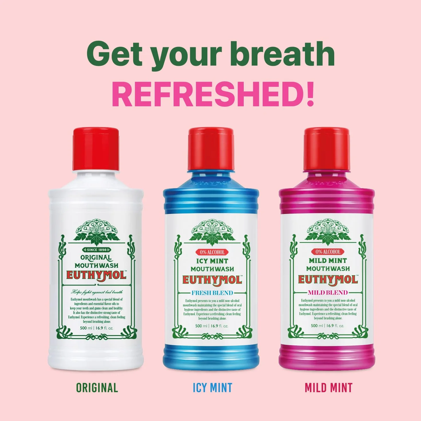 Euthymol Mouthwash Original 500ml Bez Fluoru Intensywny Smak Redukuje Płytkę Zdrowe Zęby i Dziąsła