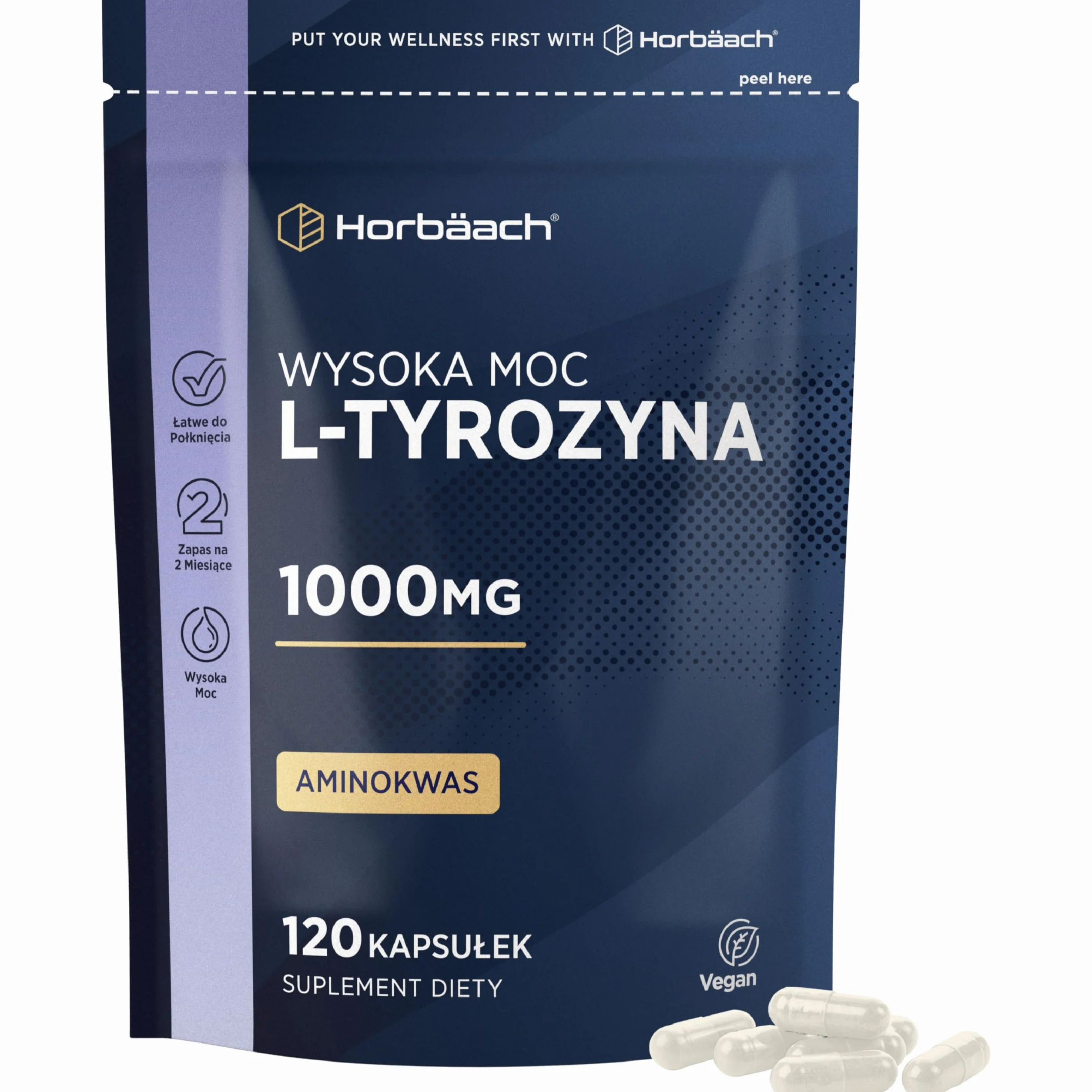L-Tyrozyna 1000mg | 120 Kapsułek | 100% Wegański Suplement o Wysokiej Mocy | marki Horbaach