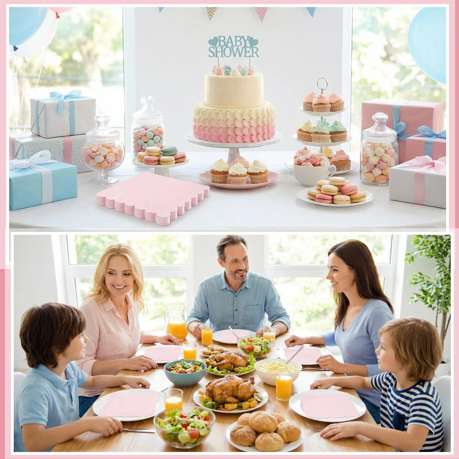 40 serwetek różowych, 33 x 33 cm, 2-warstwowe, falowane, jasnoróżowe, jednorazowe serwetki koktajlowe, różowe serwetki papierowe na urodziny, baby shower, wesele, imprezę, Dzień Matki