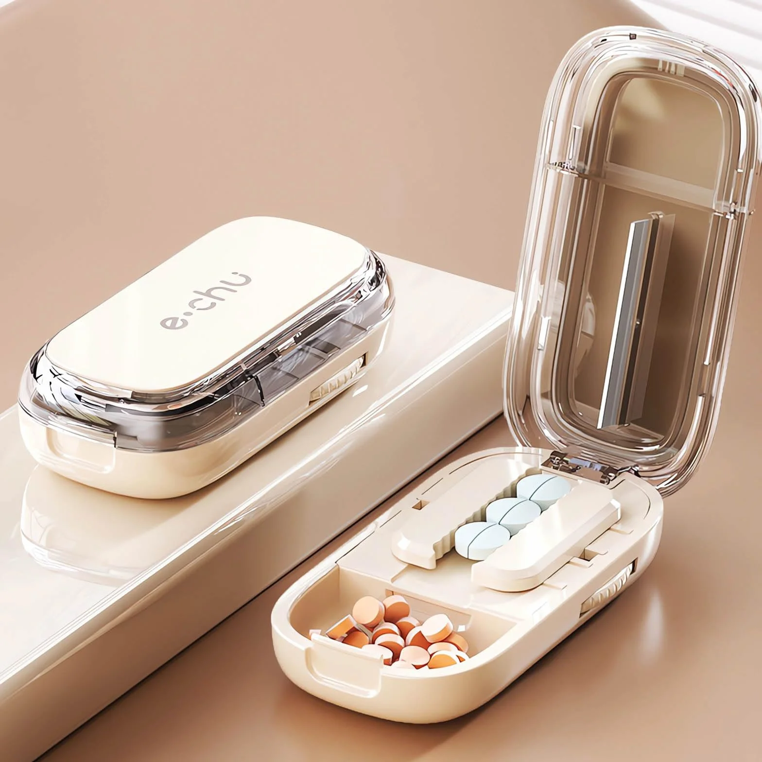 Pill Splitter Tablet Cutter 2 in 1 Off-White with Brush for Small Large Pills Storage Travel Pet