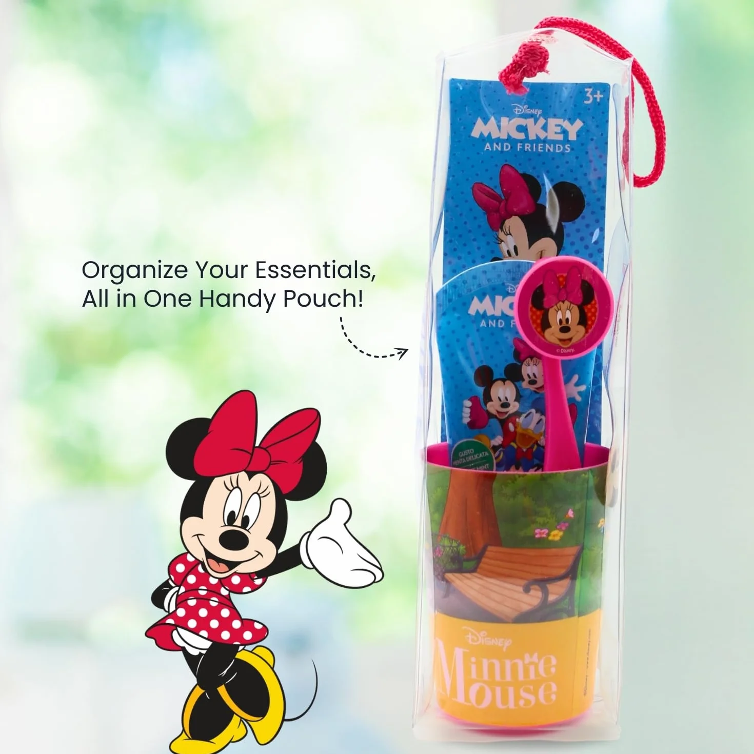 Kosmetyczka Myszka Minnie zawiera szczoteczkę do zębów z nasadką ochronną, przyssawką, wygodny uchwyt i miękkie włosie, pastę do zębów o smaku miętowym i wielofunkcyjną zlewkę dla dzieci