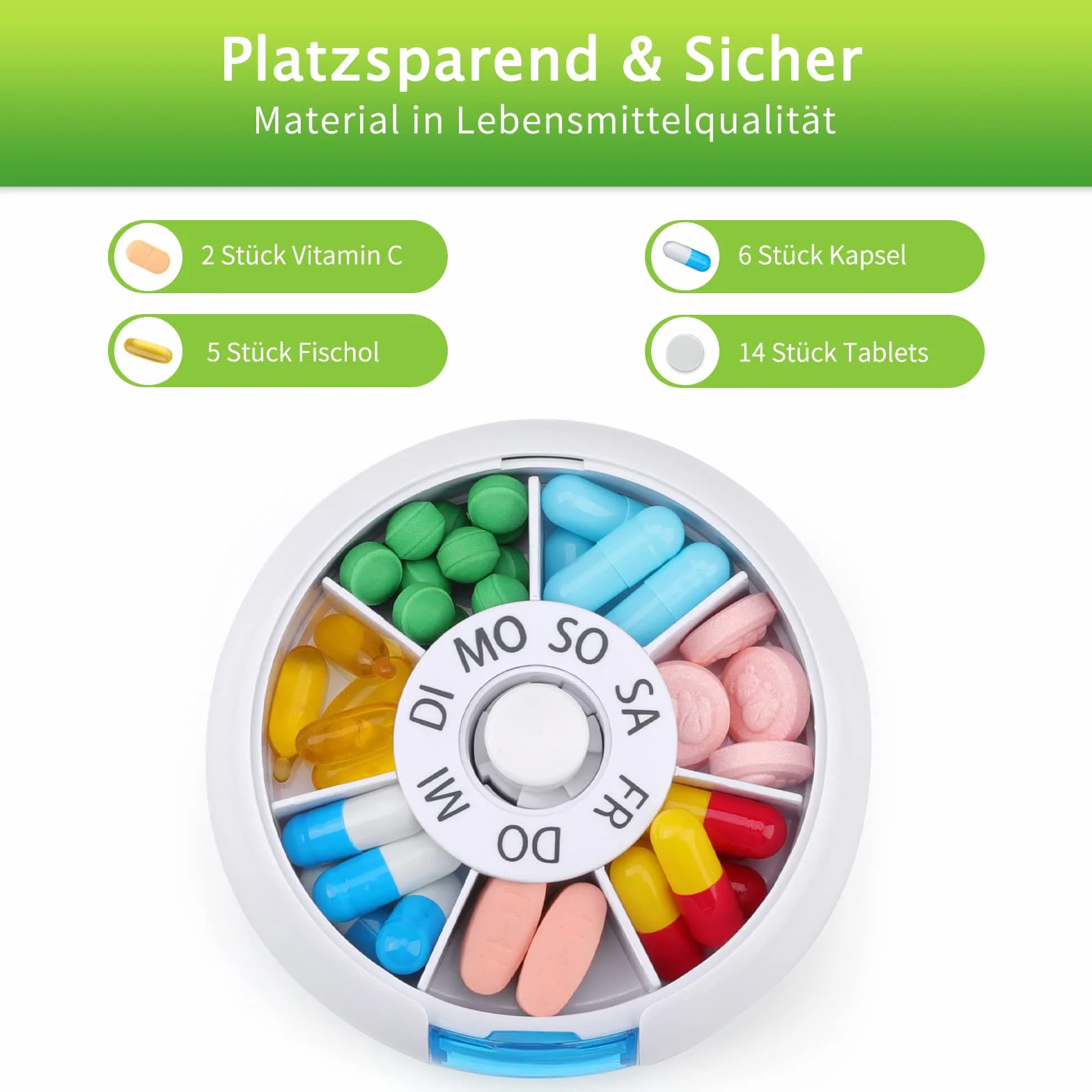 Opret Pudełko na tabletki 7 dni małe tygodniowe okrągłe niebieskie czarne