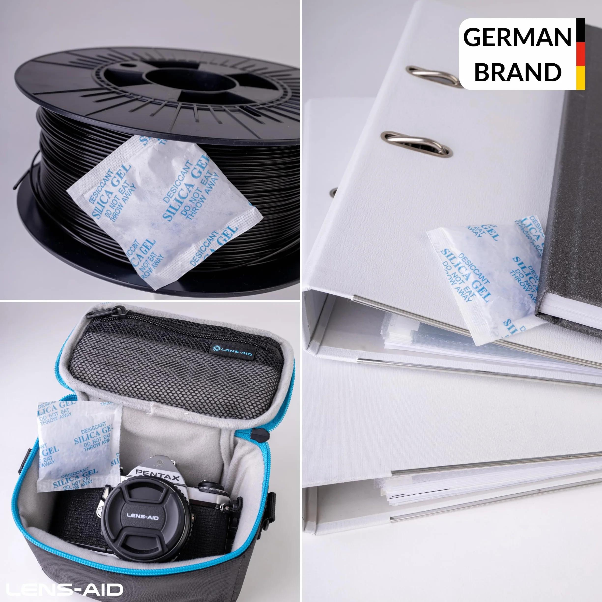 Lens-Aid Pochłaniacz Wilgoci 1 g x 100 – Żel Krzemionkowy | Saszetki silica gel z kolorowym wskaźnikiem, do elektroniki, aparatów, filamentu 3D, szaf, butów i dokumentów