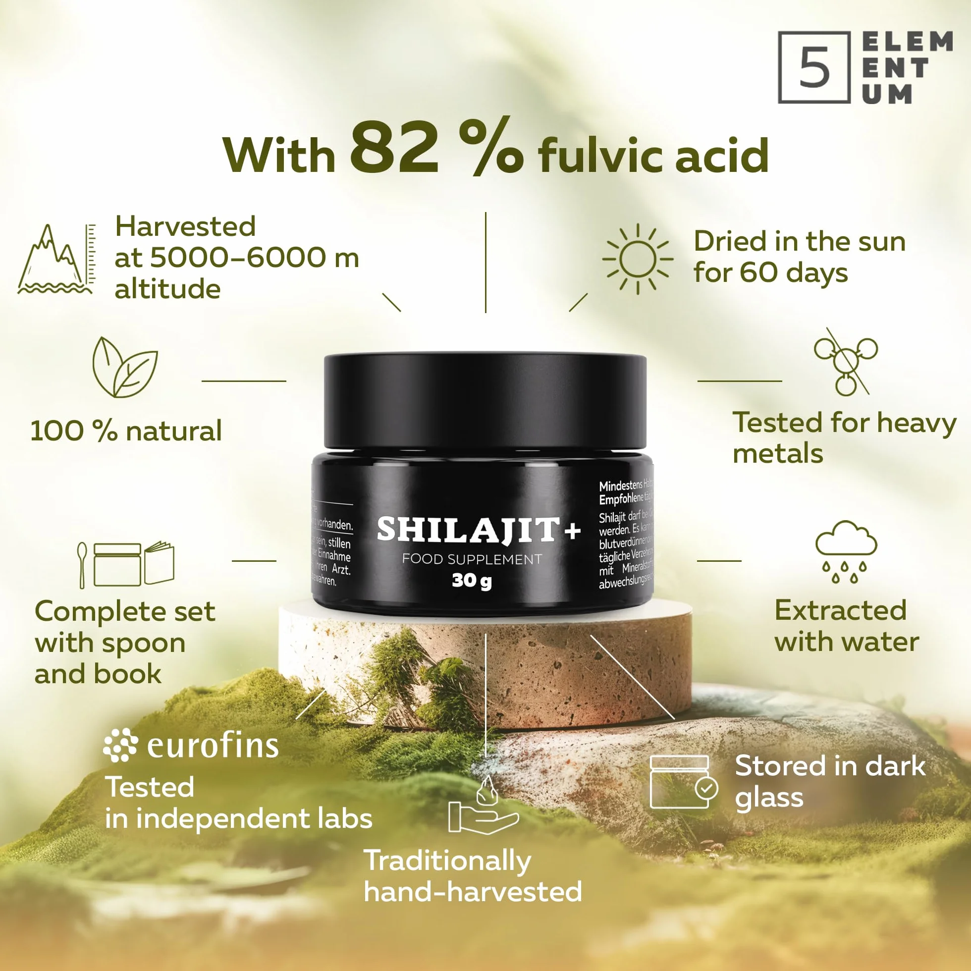Shilajit Oryginalne Himalajskie Żywice – 85% Kwas Fulwowy – Z 87+ Naturalnymi Minerałami – Czyste Mumijo z Indii – Wegańskie, Bezglutenowe, Zbadane w Laboratorium (Eurofins) – 30 g = Zapas na 60 Dni