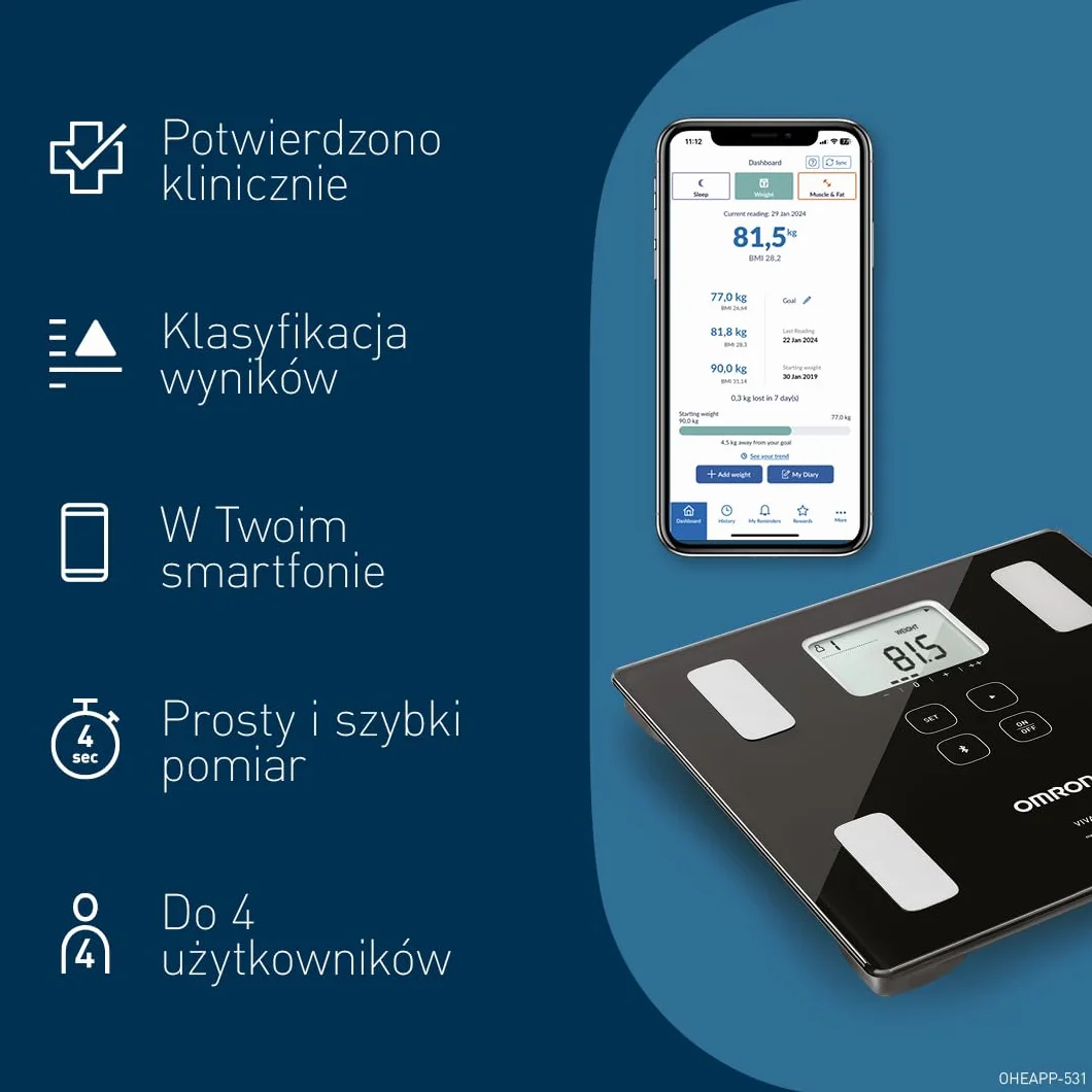 Waga OMRON VIVA Bluetooth Smart monitor składu ciała z pomiarem tkanki tłuszczowej, masy mięśni szkieletowych i BMI
