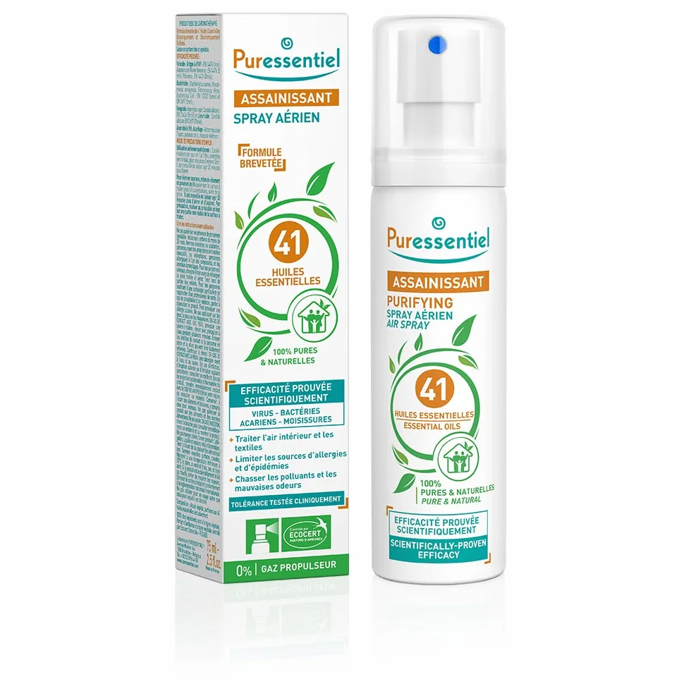 Puressentiel Spray oczyszczający powietrze 75 ml, 100% naturalny spray do pomieszczeń, odświeżacz powietrza, eliminator zapachów, organiczne olejki eteryczne, do domu, samochodu i biura, bez gazu