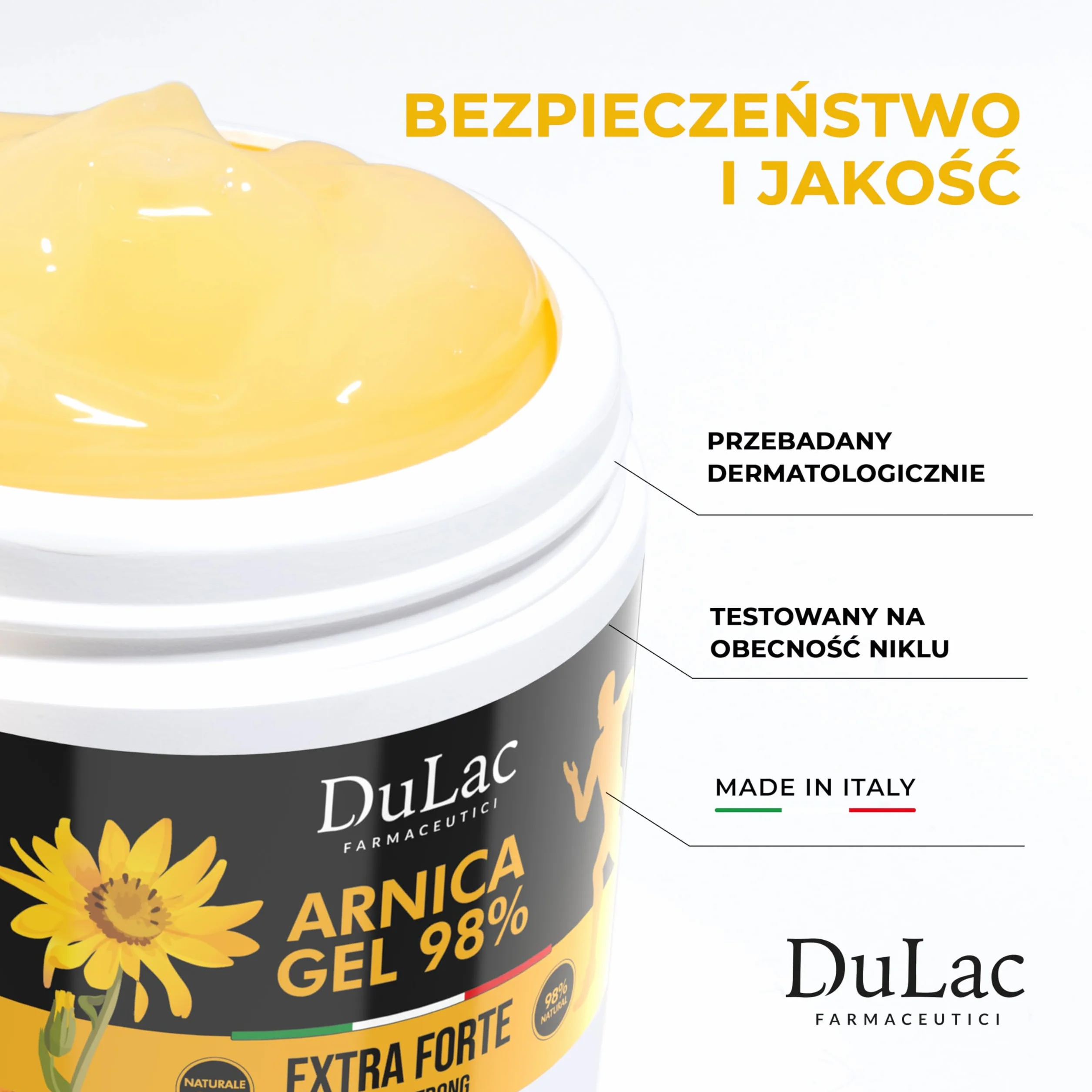 DuLàc, Żel z Arniką 98% z Olejkiem Buriti, Tymiankiem i Mentolem, Odpowiedni do Masażu Skóry Mięśni i Stawów, Testowany Dermatologicznie, Testowany na Nikiel, Wyprodukowany we Włoszech, 500 ml