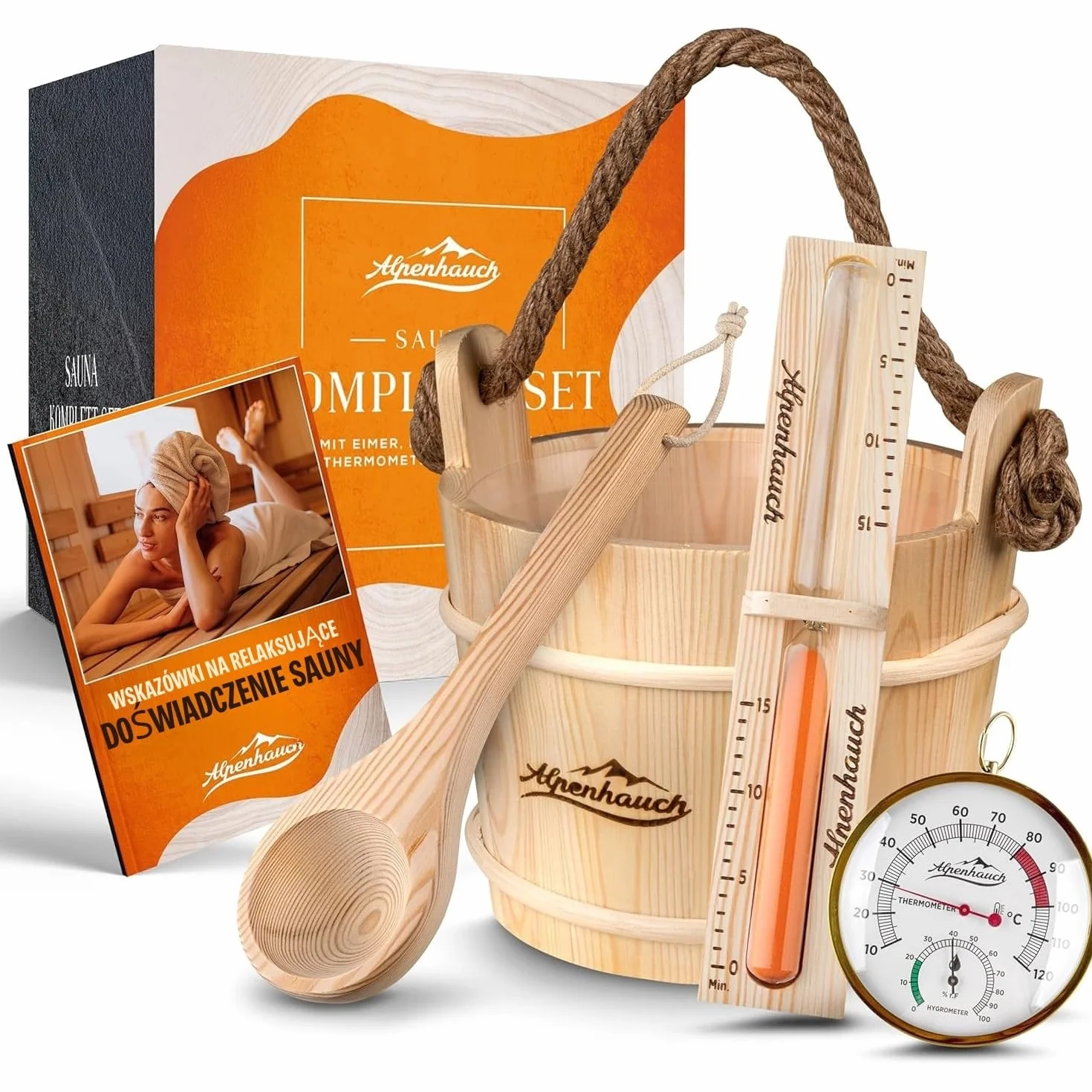 ALPENHAUCH Wiadro do sauny z chochlą [100% naturalne drewno] – eleganckie wiadro do sauny z klepsydrą i termometrem – trwałe akcesoria do sauny – zestaw wiader do nalewania z chochlą, klepsydrą i