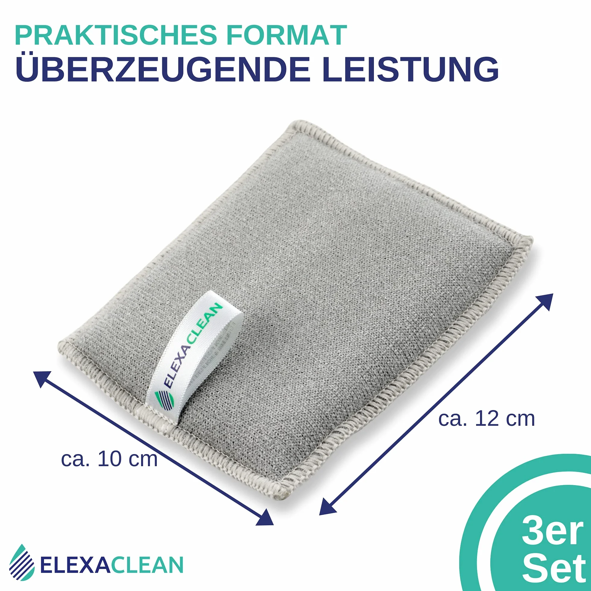 ELEXACLEAN gąbka kuchenna 3 szt., zmywak do garnków do prania i wielokrotnego użytku, mikrofibra do kuchni i domu, (12x10 cm (large), jasnoszara)