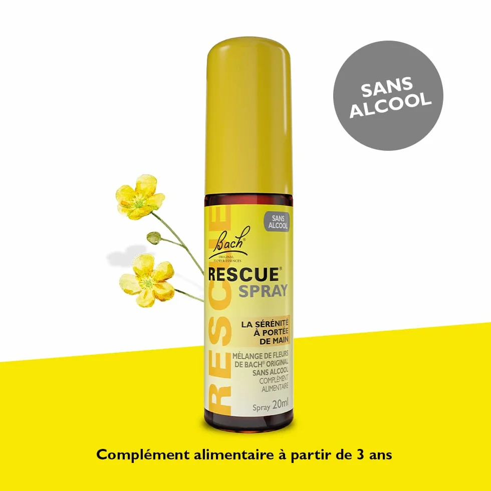 RESCUE - Bezalkoholowy spray Naturalne samopoczucie emocjonalne - Mieszanka 5 oryginalnych kwiatów Bacha - Idealny na codzienne stresy: podróże, egzaminy, spotkania, pracowity dzień - 20 ml