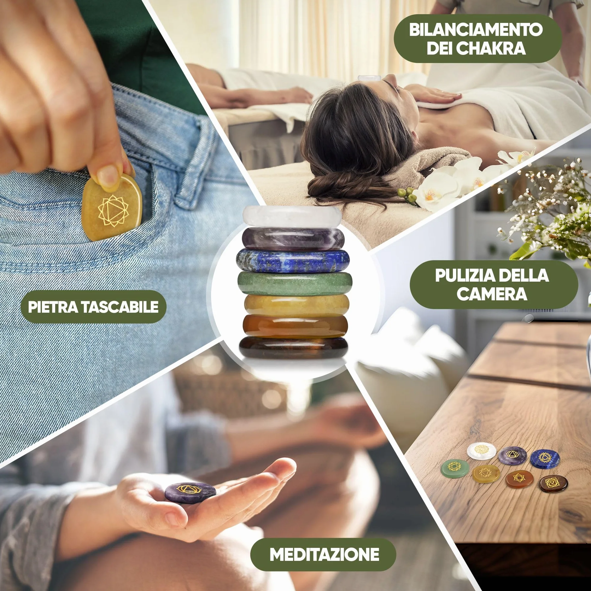 Zestaw czakr premium 7 kamieni szlachetnych z wygrawerowanymi symbolami do medytacji