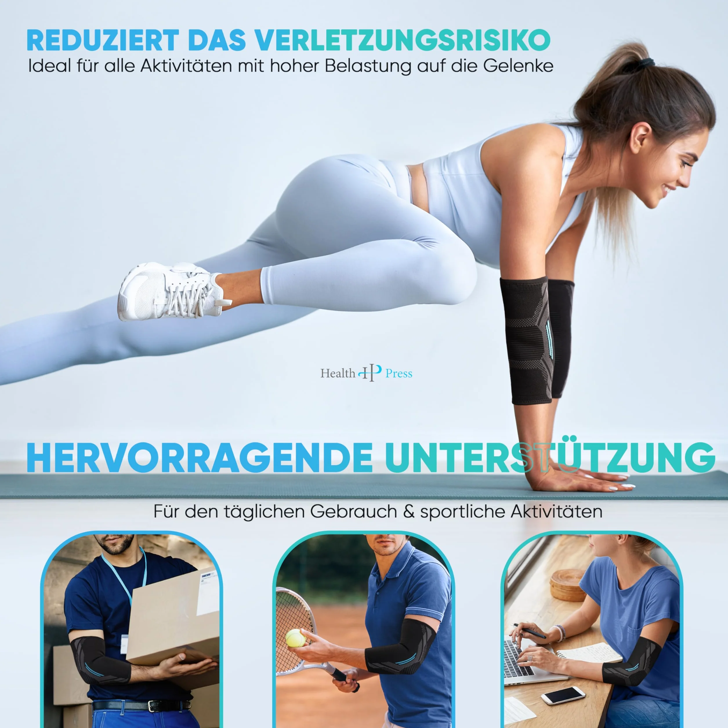 Health Press® Bandaż na łokieć – 1 x bandaż na łokcie, rozm. M – wsparcie łokcia – odciążenie i stabilizacja stawu łokciowego – profesjonalny bandaż kompresyjny – wspierająca bransoletka z prawej i