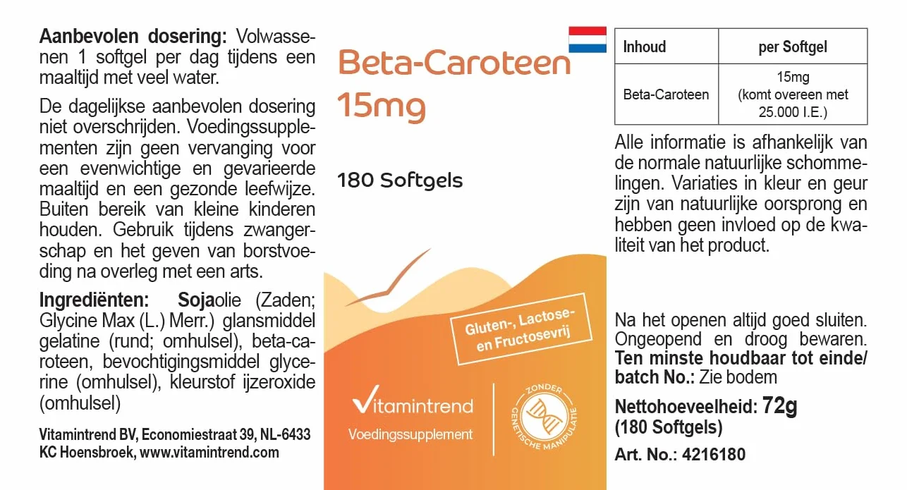 Vitamintrend Beta-karoten 15mg, 180 kapsułek po 15mg (odpowiada 25 000 j.m.), wysoka dawka, bez stearynianu magnezu, wyprodukowane w Niemczech.