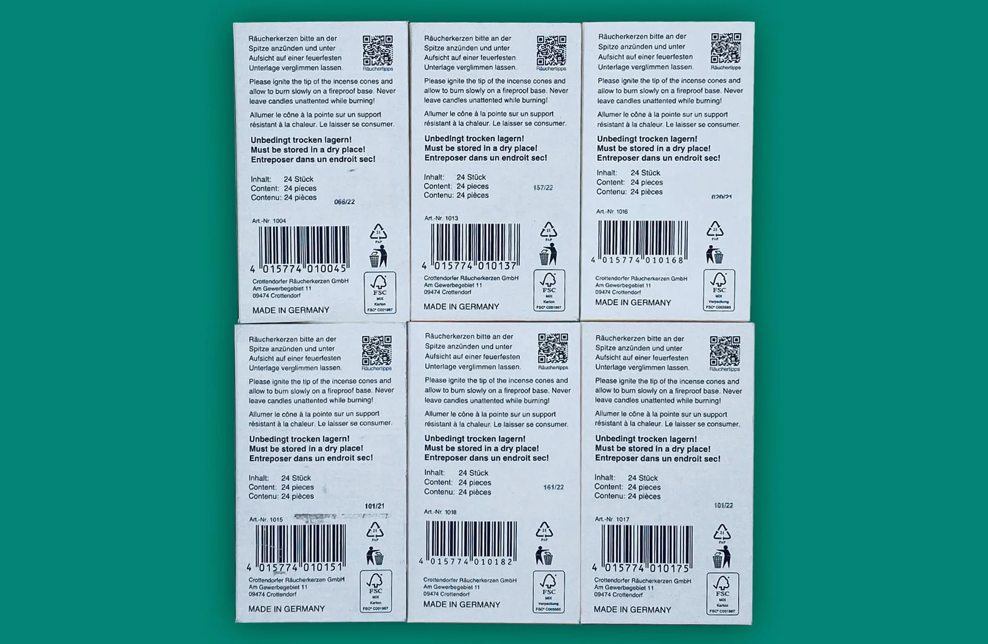 Crottendorfer Räucherkerzen Zestaw 6 sztuk - s?odkie zapachy - wanilia, miód le?ny, zapach adwentowy, pomara?cza zimowa, jab?ko cynamonowe, magia kominka (6 x 24 sztuki)
