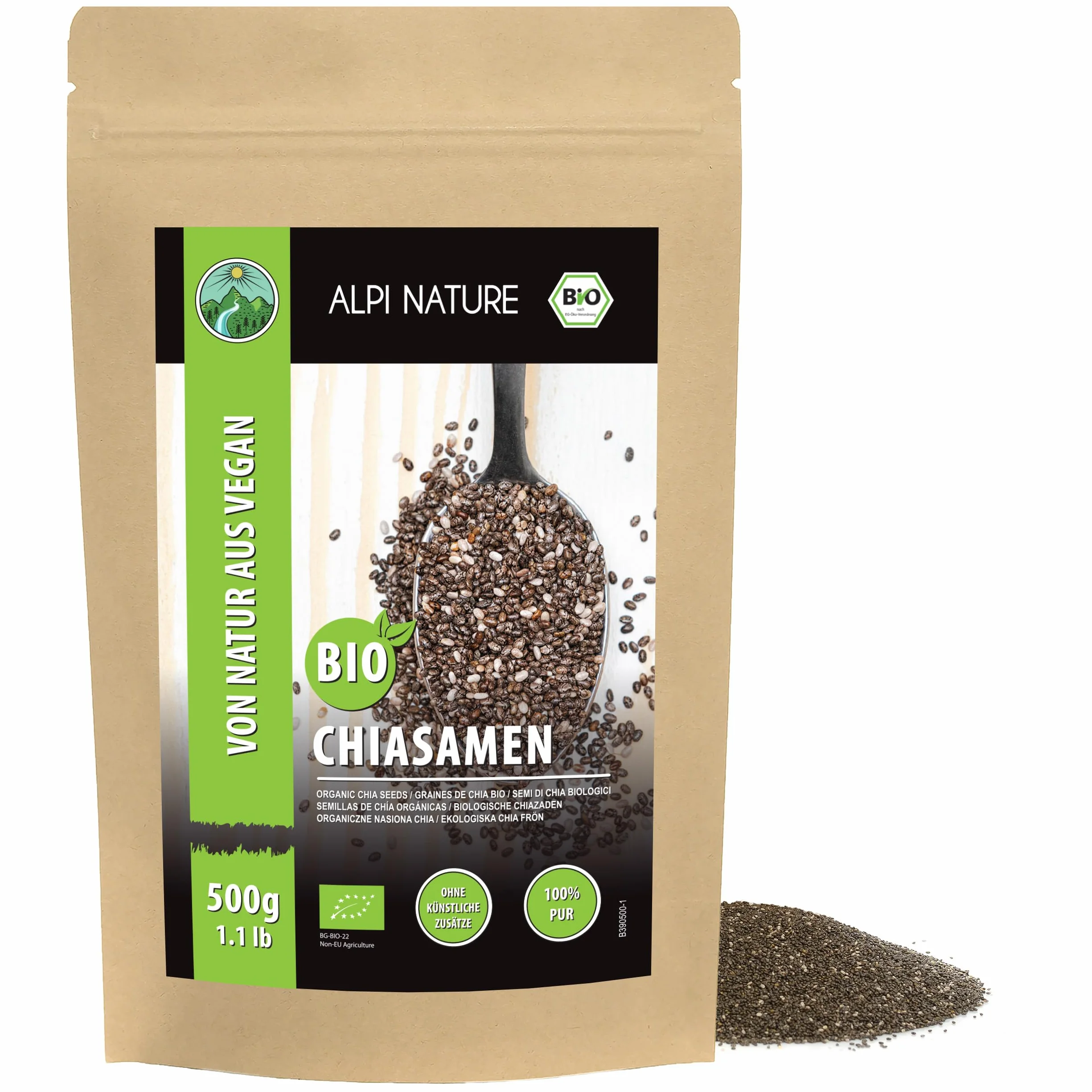 Alpi Nature Ekologiczne Nasiona Chia 500g, Całe Czarne Nasiona Chia do Smoothie, Jogurtu i Musli
