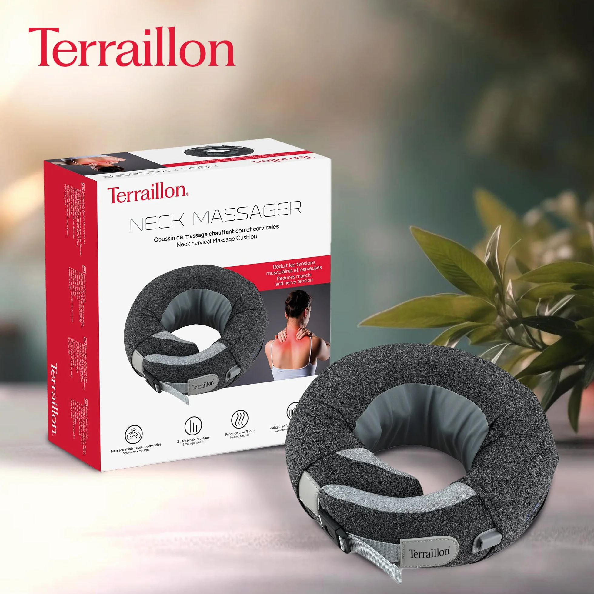TERRAILLON - MASAŻER NECK, poduszka do masażu szyi i szyi, masaż Shiatsu, 3 prędkości masażu, 2 kierunki obrotów, opcja ogrzewania, regulowany pasek, USB-C