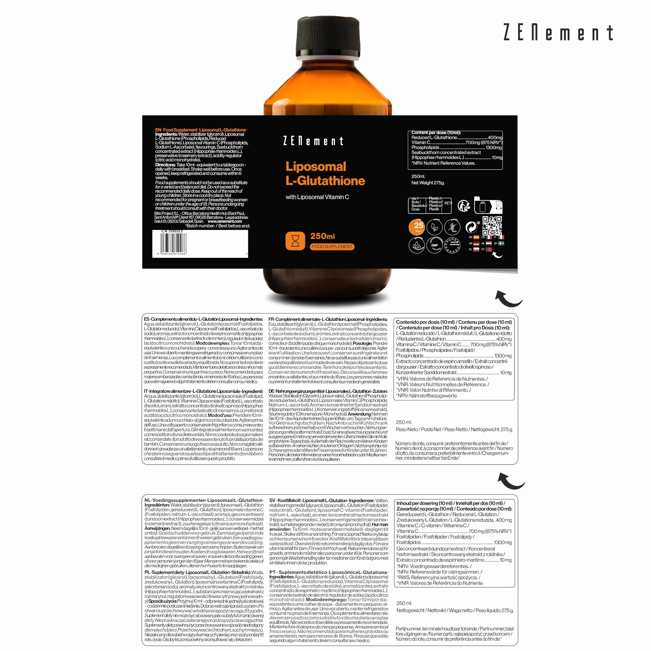 Liposomal L-Glutation z Witaminą C 250 ml wegańskie przeciwutleniacz Zenement