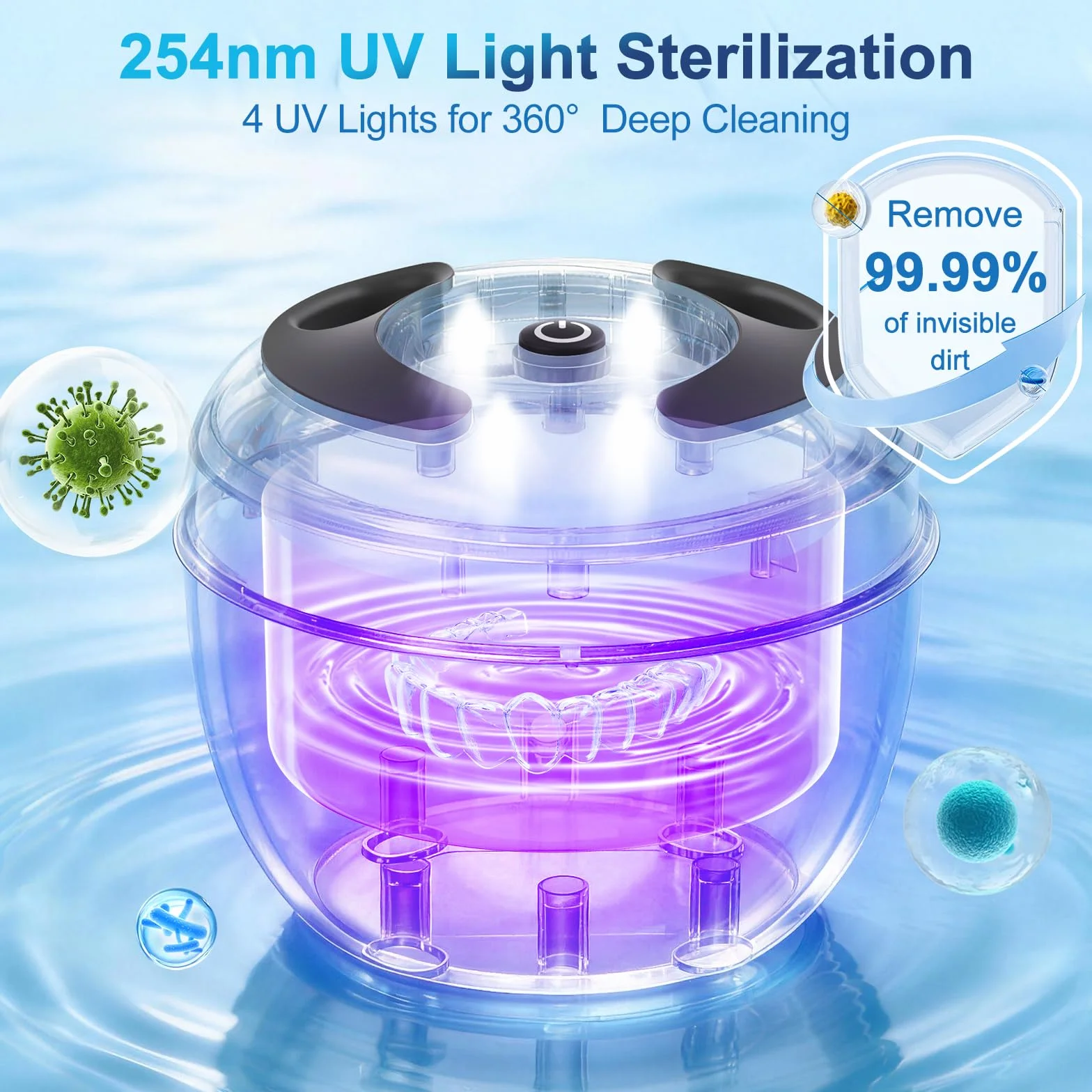 Ultradźwiękowy środek czyszczący do zębów 45000 Hz Ultradźwiękowe czyszczenie lampą UV i 4 tryby, 200 ml Ultradźwiękowy środek czyszczący do zębów Ultradźwiękowy środek czyszczący pod sztuczne zęby