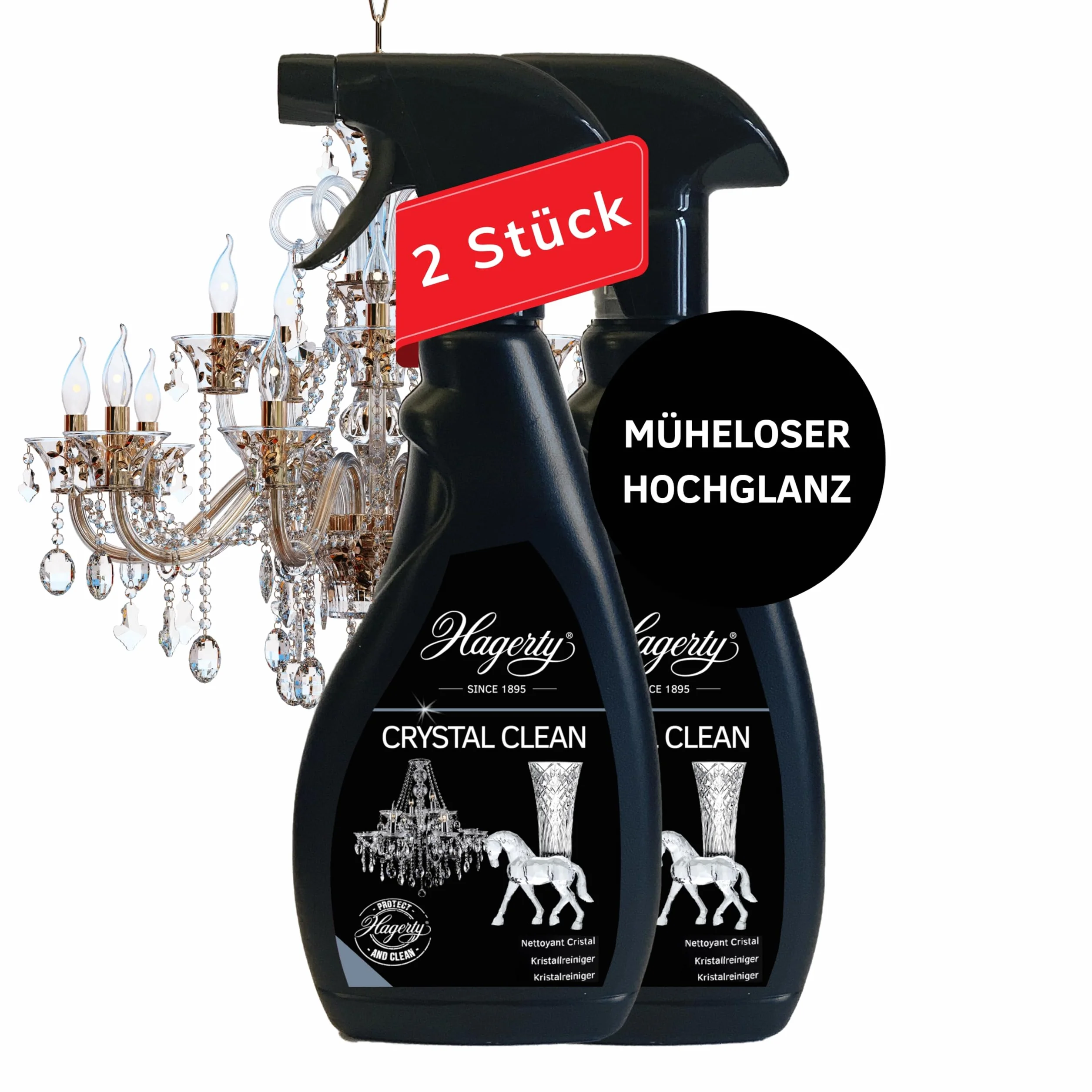Hagerty Zestaw 2 x Crystal Clean kryształowy środek czyszczący w sprayu po 500 ml, skuteczny środek czyszczący do żyrandola, spray czyszczący do łatwego czyszczenia i pielęgnacji świeczników ze szkła