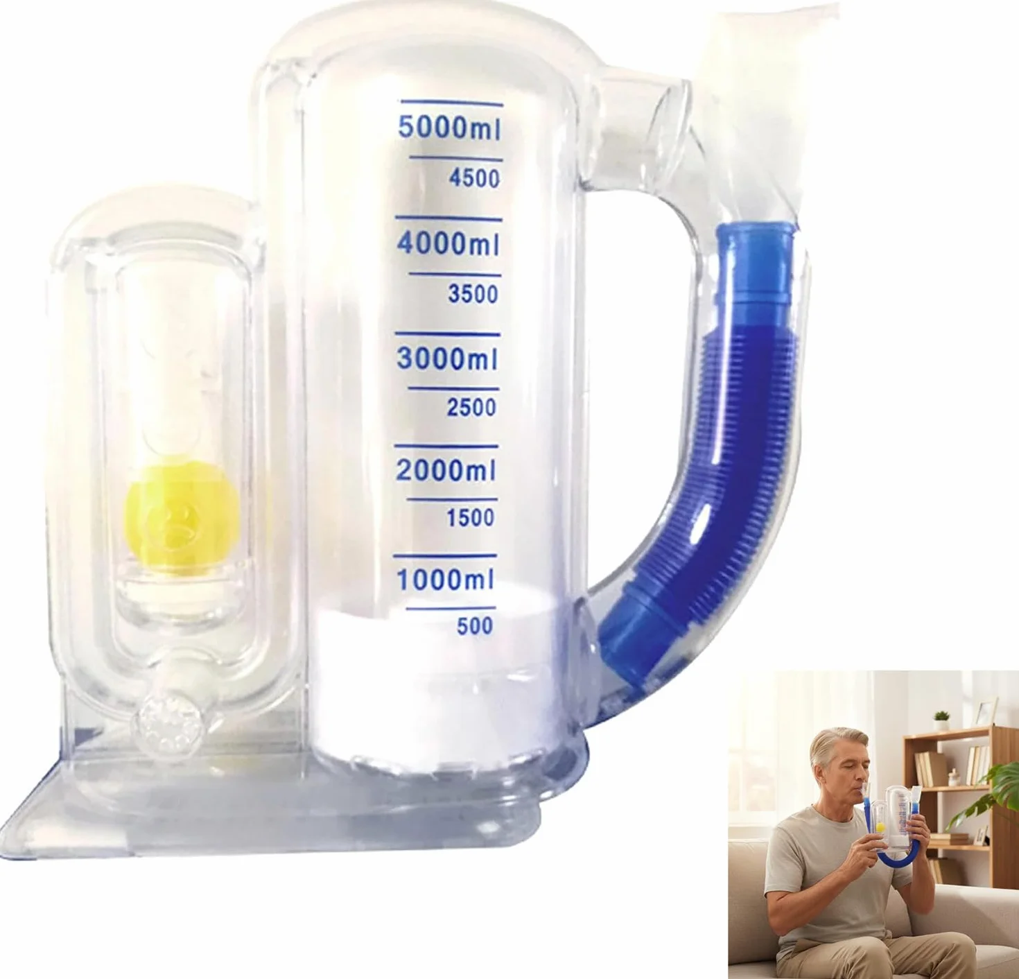 Spirometr 5000 ml, trener płuc, trener głębokiego oddychania ze wskaźnikiem przepływu, trener oddechowy, trener płuc, do ćwiczeń oddechowych, rekreacji pooperacyjnej