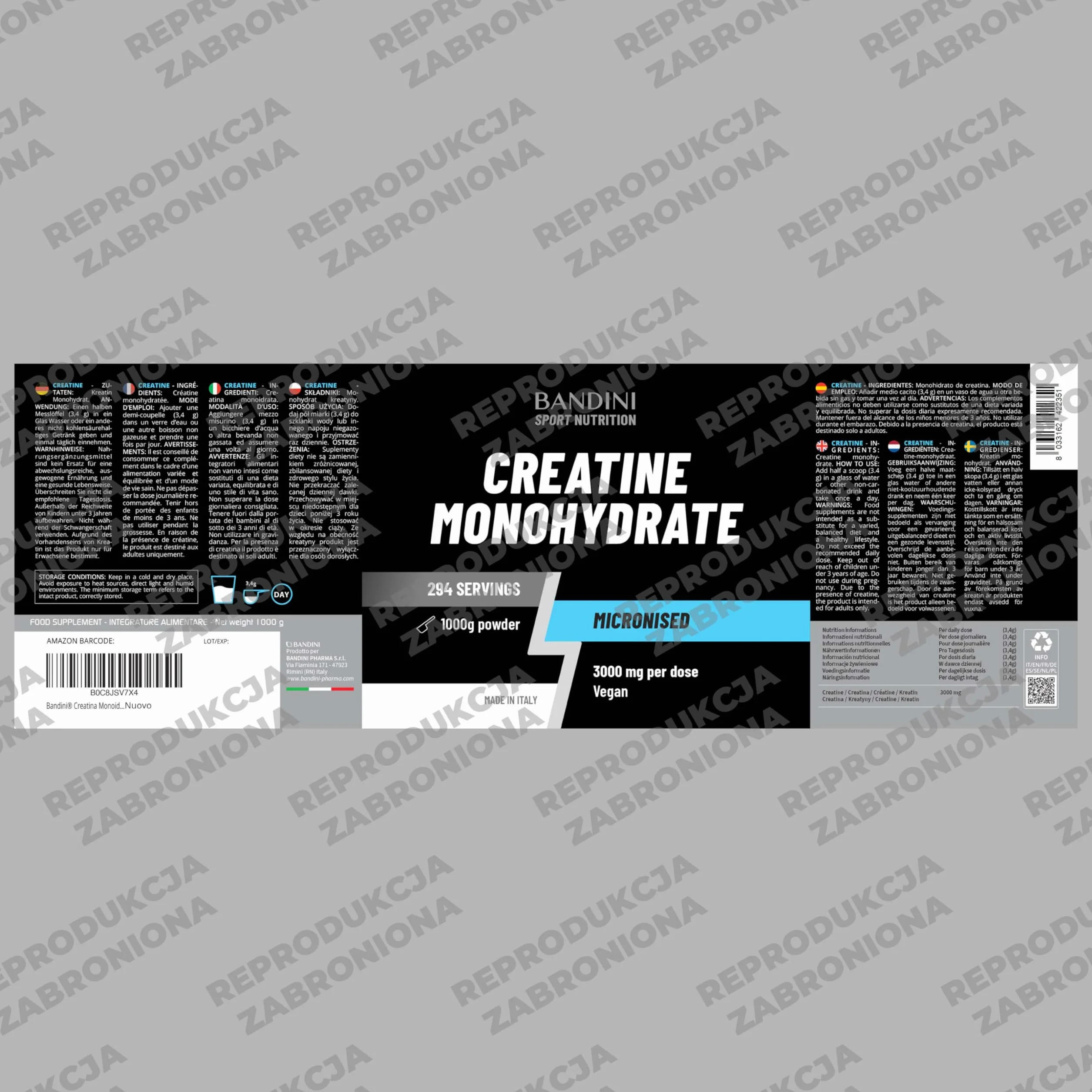 Bandini Kreatyna Monohydrate Micronised 1kg 100% czysty proszek wegański suplement diety