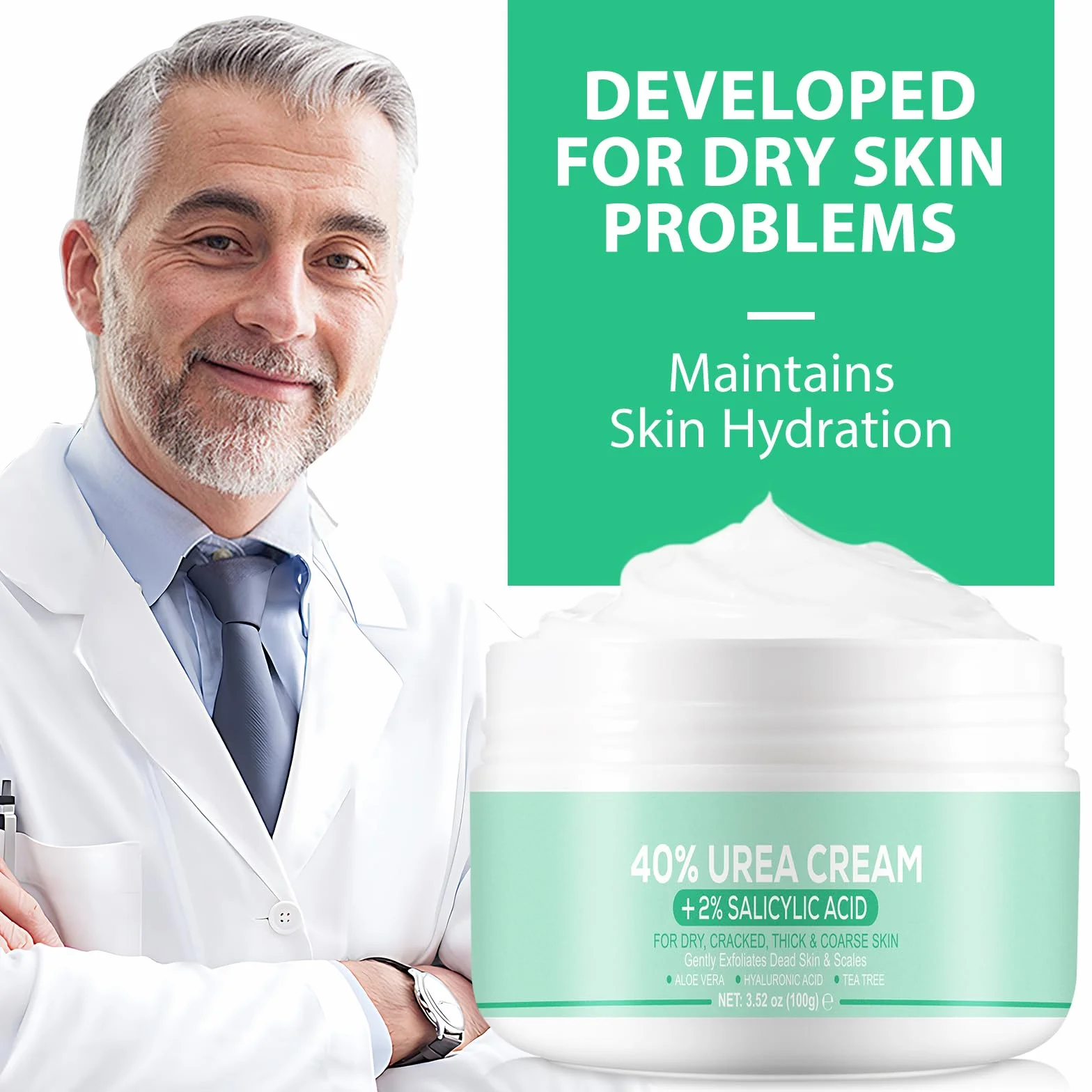 40% Urea Cream, Urea Foot & Hand Cream 3,52 oz do popękanych pięt i suchej skóry, z aloesem, olejkiem z drzewa herbacianego i jojoba do głębokiego nawilżenia, usuwania zrogowaciałego naskórka i