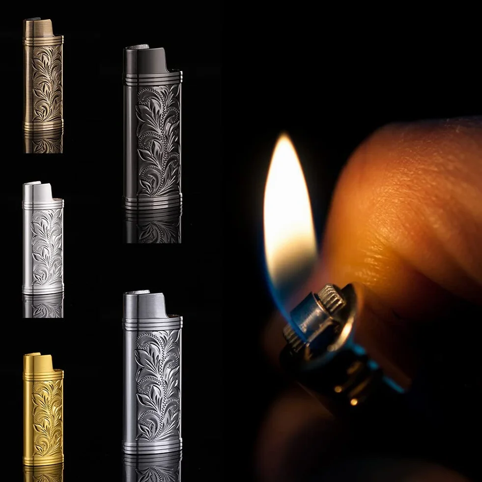 BYNYXI 3 sztuki etui na zapalniczkę vintage metalowe z łańcuszkiem do mini BIC