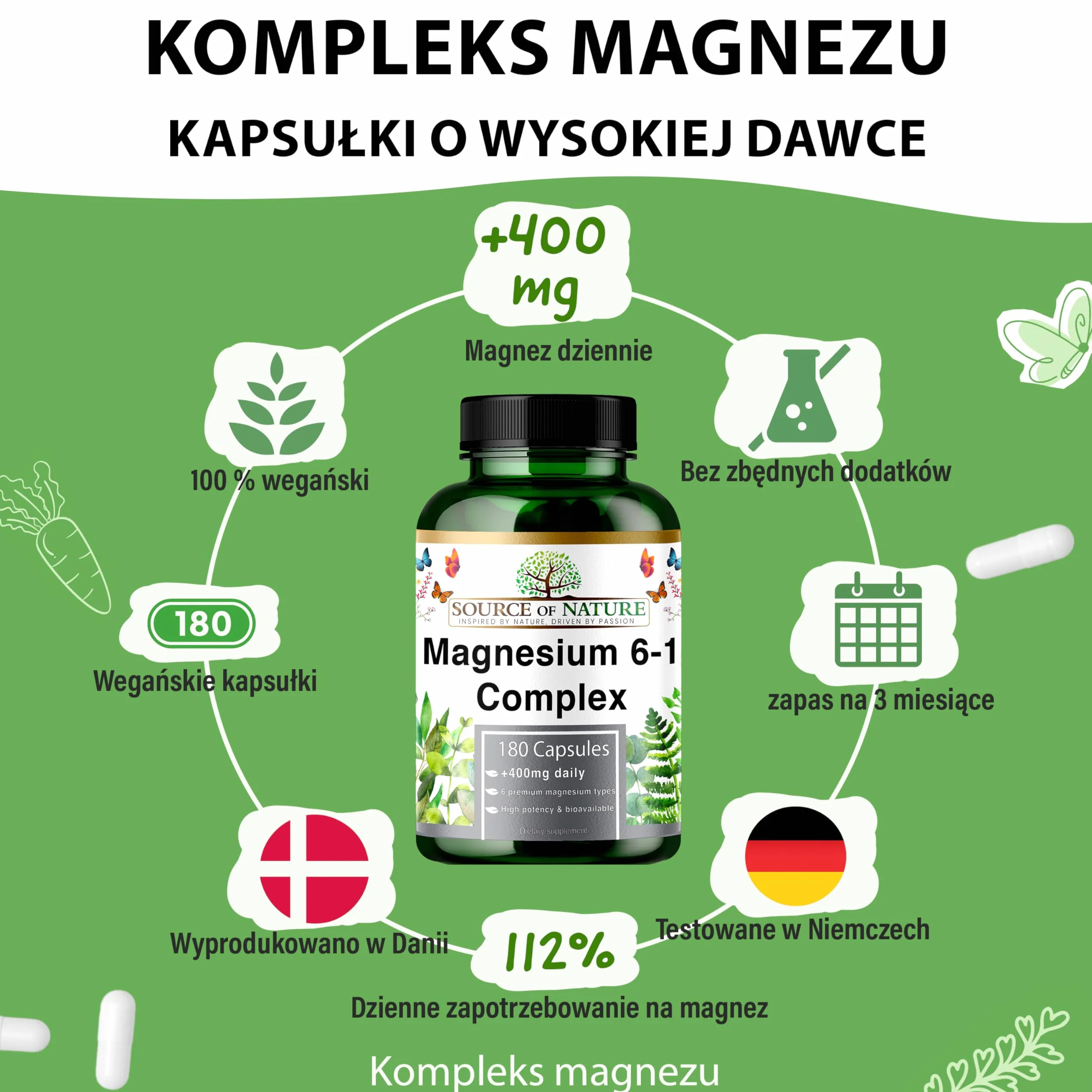 Magnez Kompleks 6-1 1500 mg Dziennie | 400 mg Magnezu Elementarnego | Tlenek, Bisglicynian, Jabłczan, Taurynian, Cytrynian & Asparaginian | 180 Kapsułek Wegańskich | Wysoka Dawka & Biodostępność