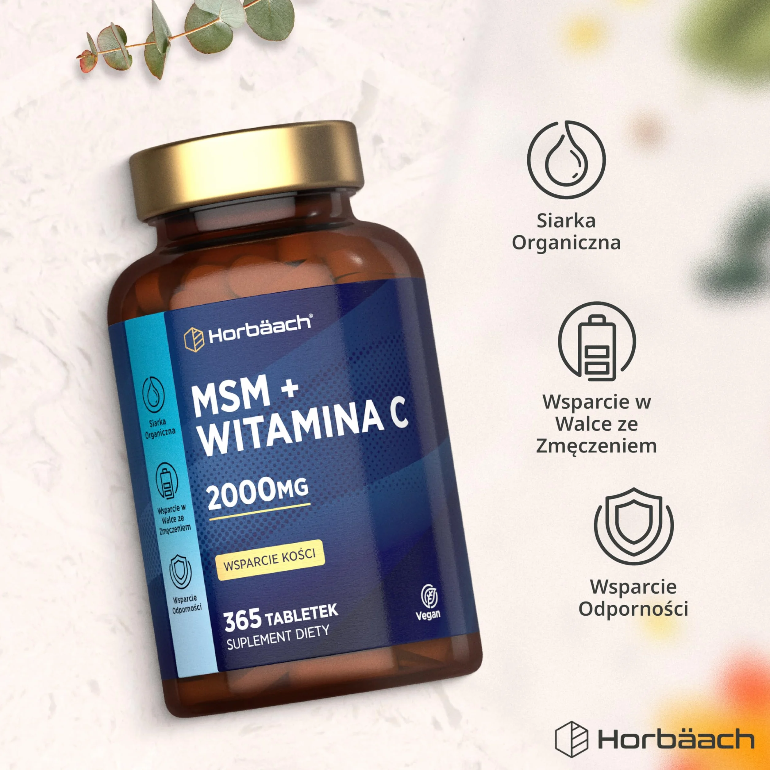 MSM Suplement 2000mg z Witaminą C | Wysoka dawka Metylosulfonylometanu (MSM) z Wit. C | 365 Wegańskich Tabletek | Firma Horbaach