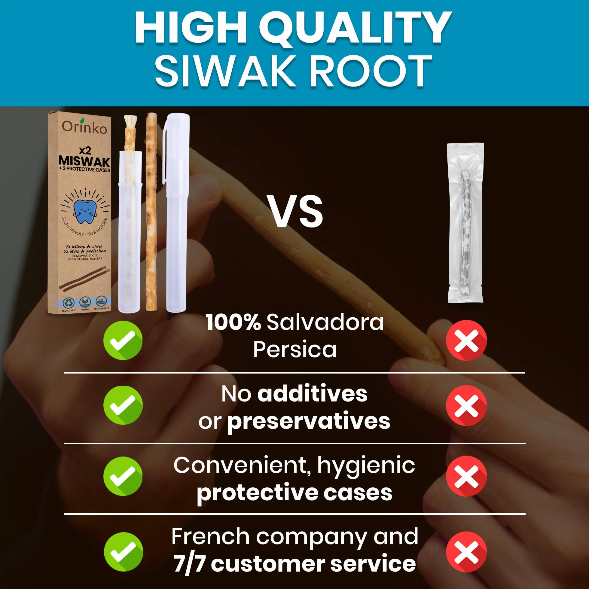 Siwak x2 z etui ochronnym kij Miswak 100% naturalne drewno Araq (Salvadora Persica) Ekologiczny środek czyszczący, dezynfekujący i wybielający, biodegradowalny i wegański