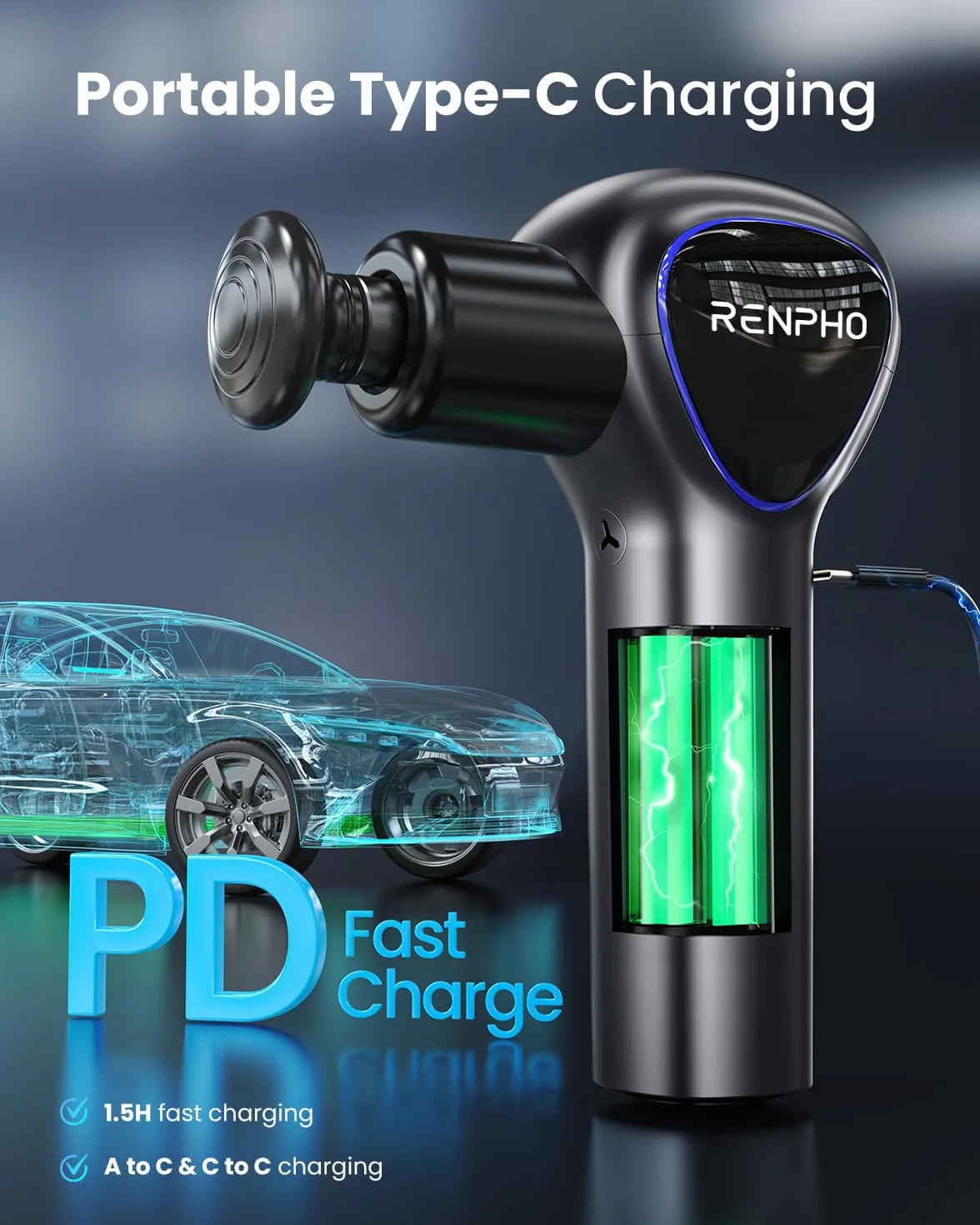 RENPHO Reach mini pistolet do masażu z uchwytem przedłużającym, pistolet do masażu mięśni z dotykowym ekranem LED, do treningu domowego, relaksu mięśni, najlepszy prezent, czarny