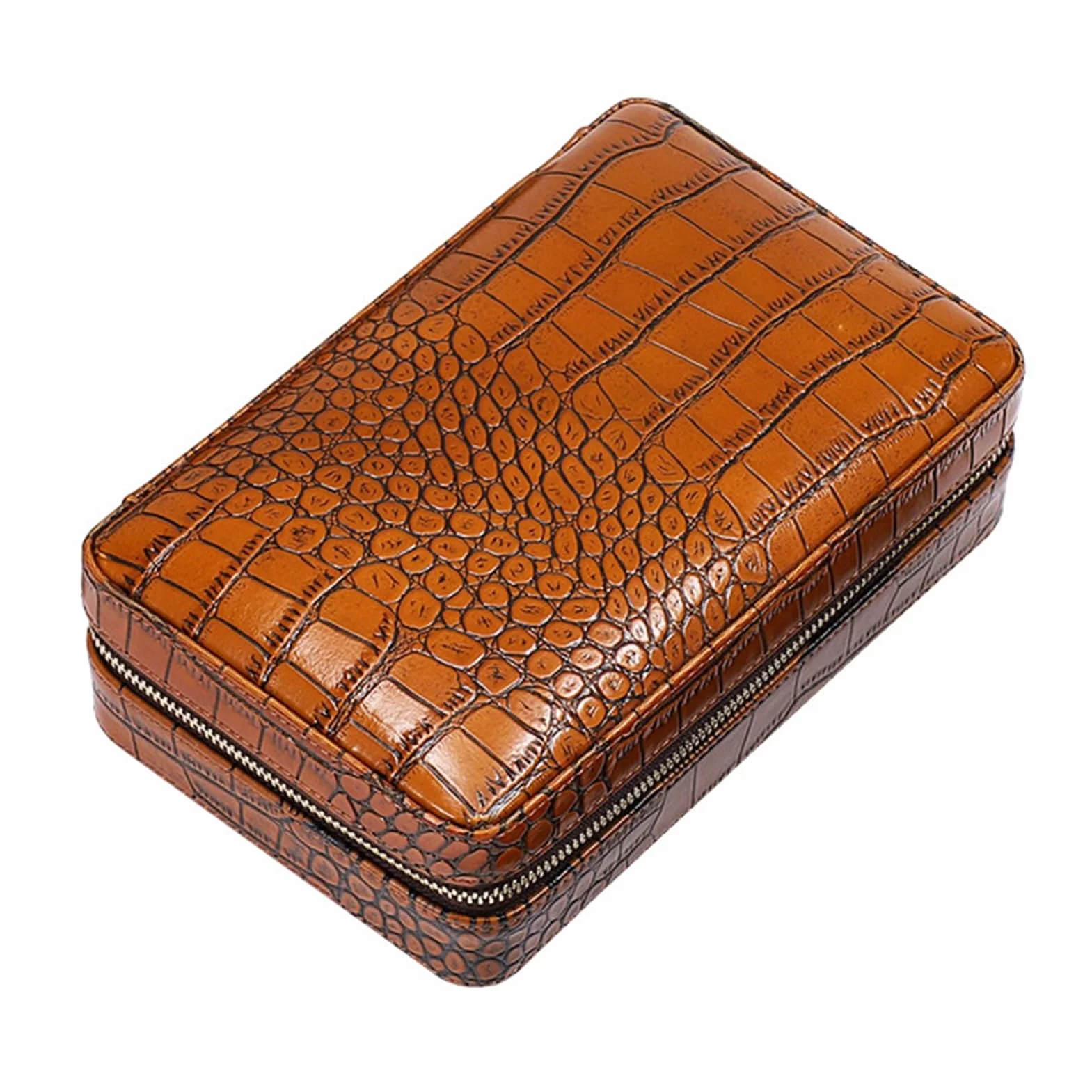 Cigar Humidor Box for 4 Cigars Cedar Wood Lined Leather Travel Case with Humidifier Brown