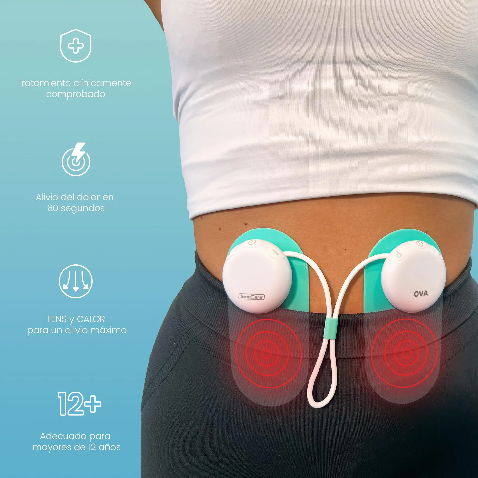 TensCare OVA 3 Uśmierzenie bólu menstruacyjnego-TENS i terapia cieplna w przypadku bólu menstruacyjnego i skurczów menstruacyjnych. Bezpieczny, testowany klinicznie za pomocą ładowarki USB.