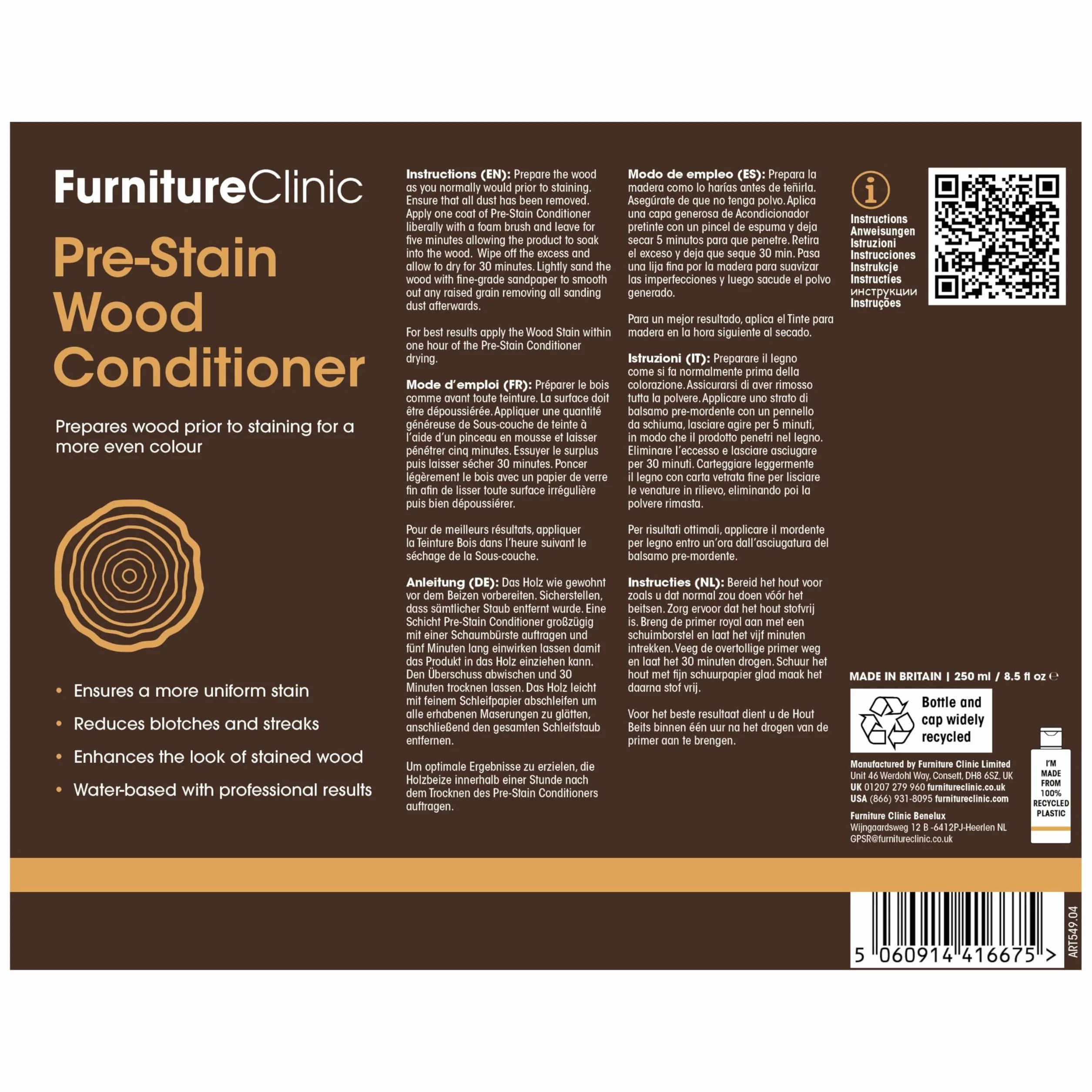 Furniture Clinic Pre-Stain odżywka do drewna, na bazie wody, do użytku wewnątrz i na zewnątrz, bezzapachowa i nietoksyczna, do użycia przed barwieniem drewna, 250 ml