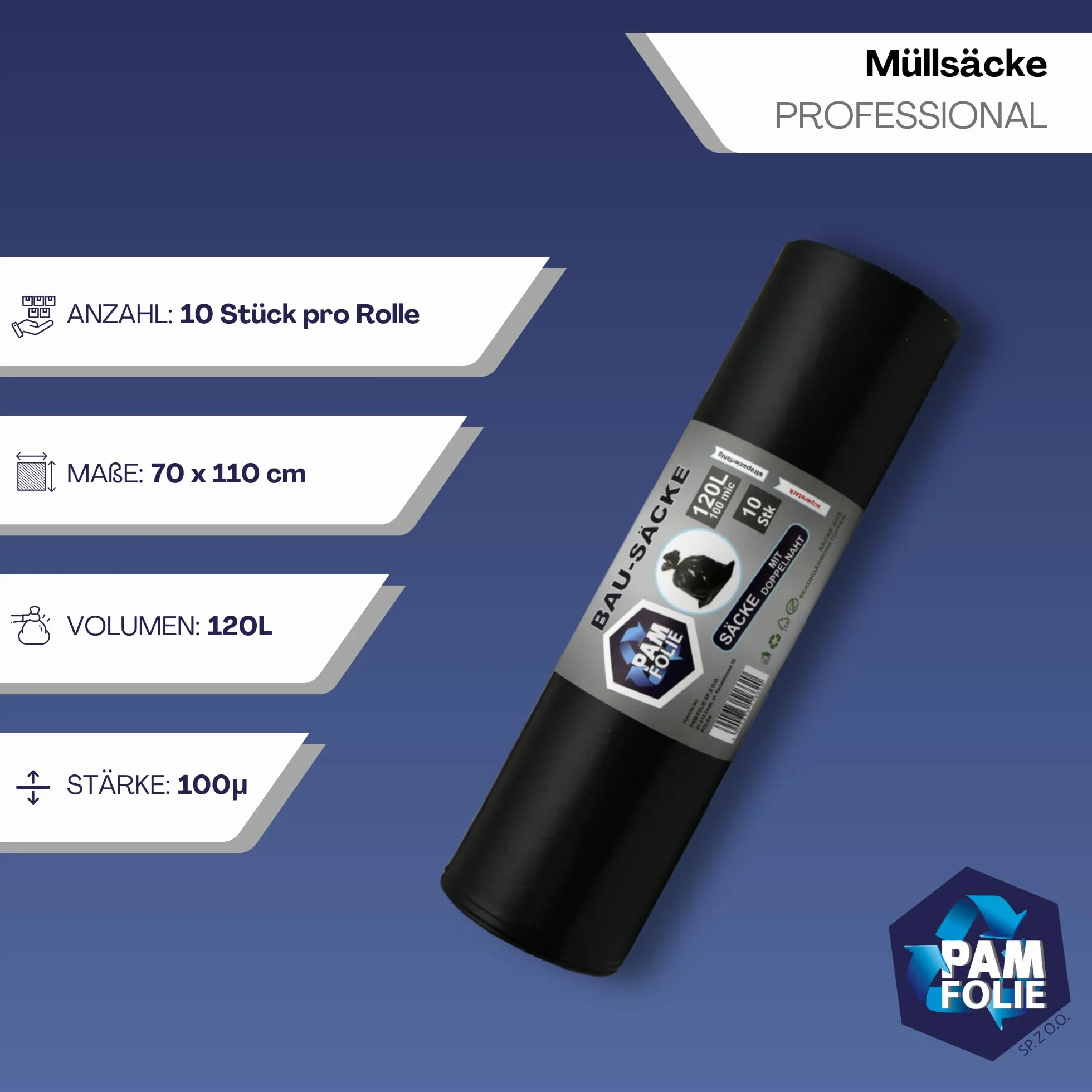 Worki na śmieci 120L - 10 sztuk - Bardzo grube, wytrzymałe worki na śmieci, Professional - 110x70cm - 100µm - czarne worki na śmieci - worki na gruz - worki na odpady gruzowe