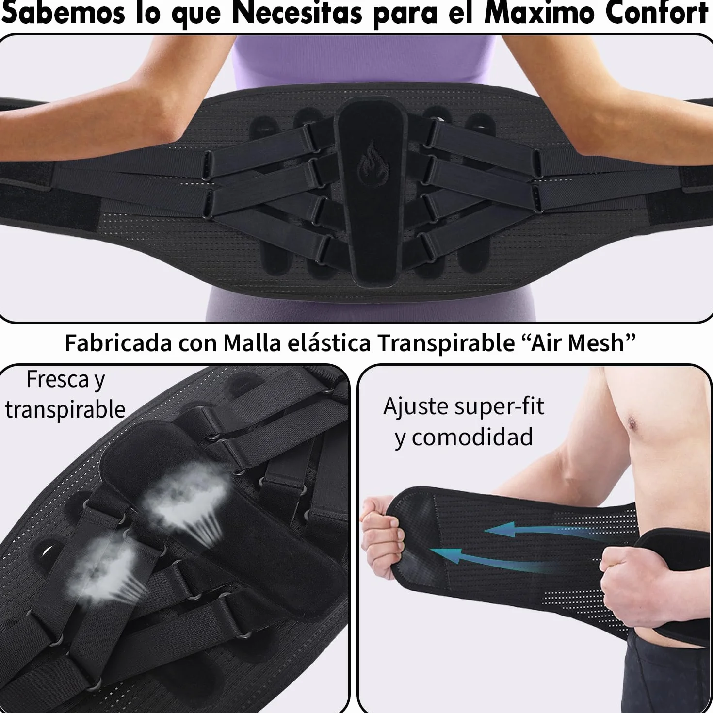 Pas lędźwiowy dla mężczyzn i kobiet ze wsparciem bionicznym, 3D, ergonomiczne szyny, 8 punktów kompresyjnych, oddychająca elastyczna siatka, bóle pleców, rwa kulszowa