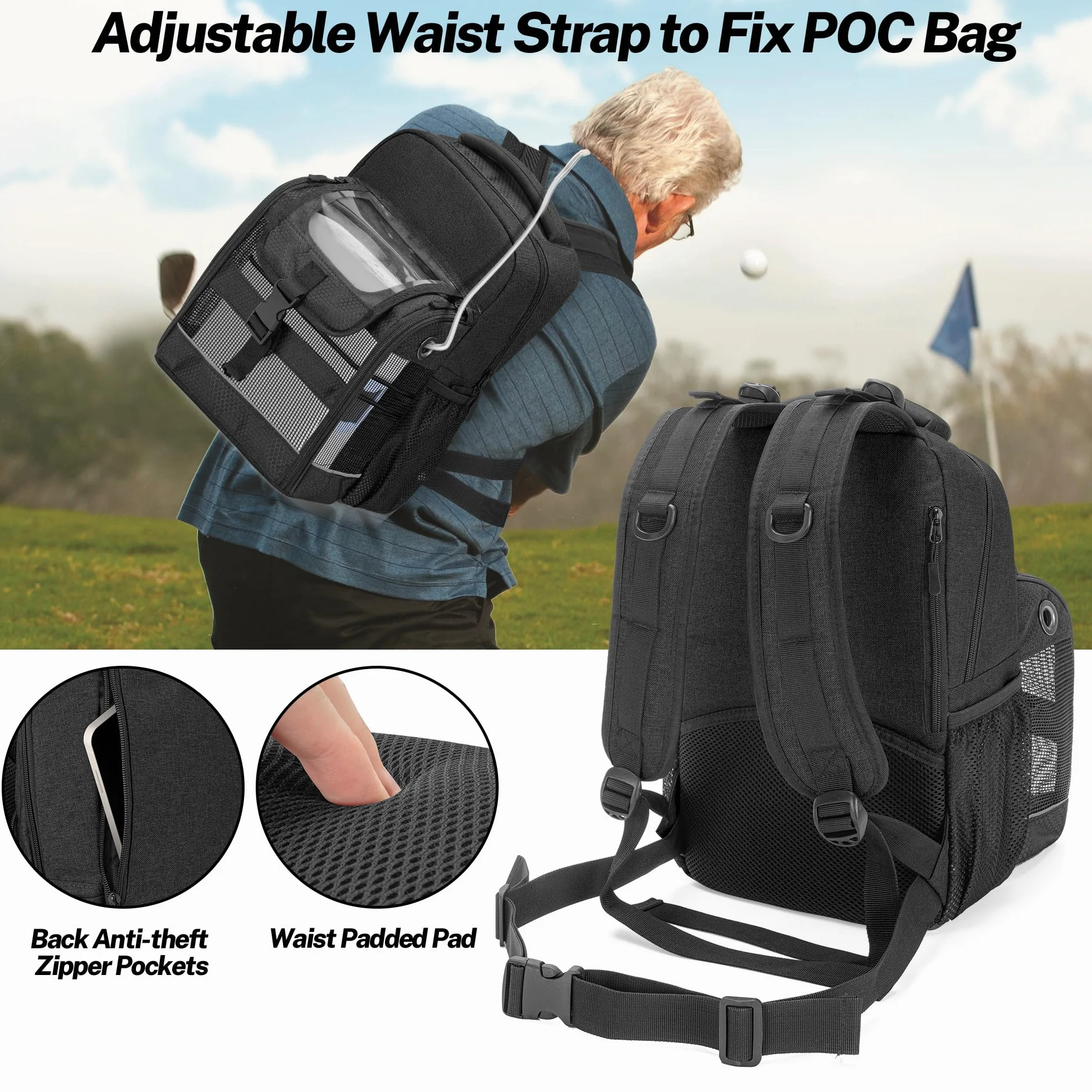 Trunab Plecak transportowy POC z przezroczystą osłoną, kompatybilny z Inogen One, Caire Freestyle Comfort, Oxygo, SimplyGo Mini, Czarny