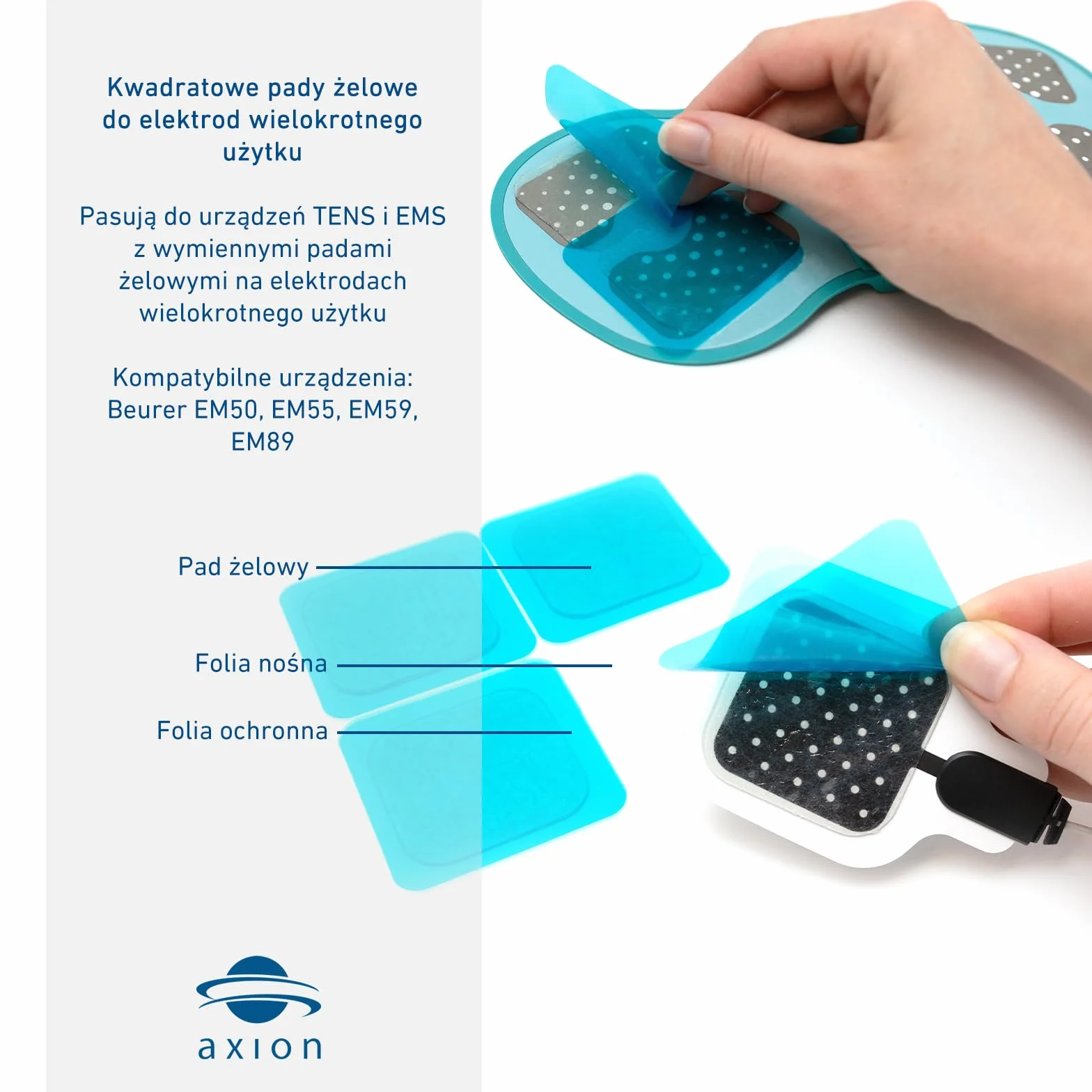 axion® 16 podkładek żelowych 4,5 x 4,5 cm do elektrod trwałych do terapii bólu TENS i treningu EMS – samoprzylepne, przyjazne dla skóry, wielokrotnego użytku – kompatybilne z Beurer EM59/EM89 i innymi