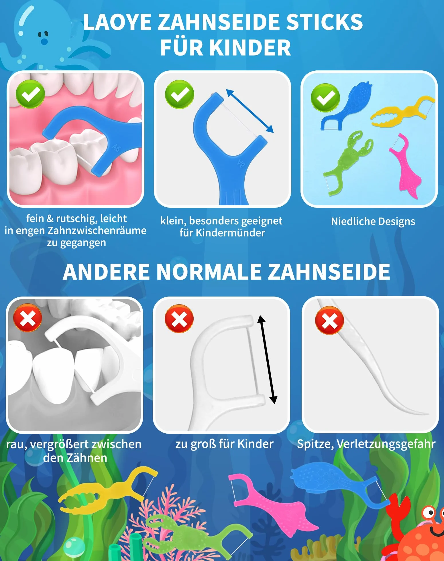 128 szt. patyczki z nicią dentystyczną dla dzieci LAOYE, patyczki z nicią dentystyczną dla dzieci z uchwytem przyjaznym dla dzieci, 4 kształty oceanicznych zwierząt, kolorowe, szczotki do zębów dla