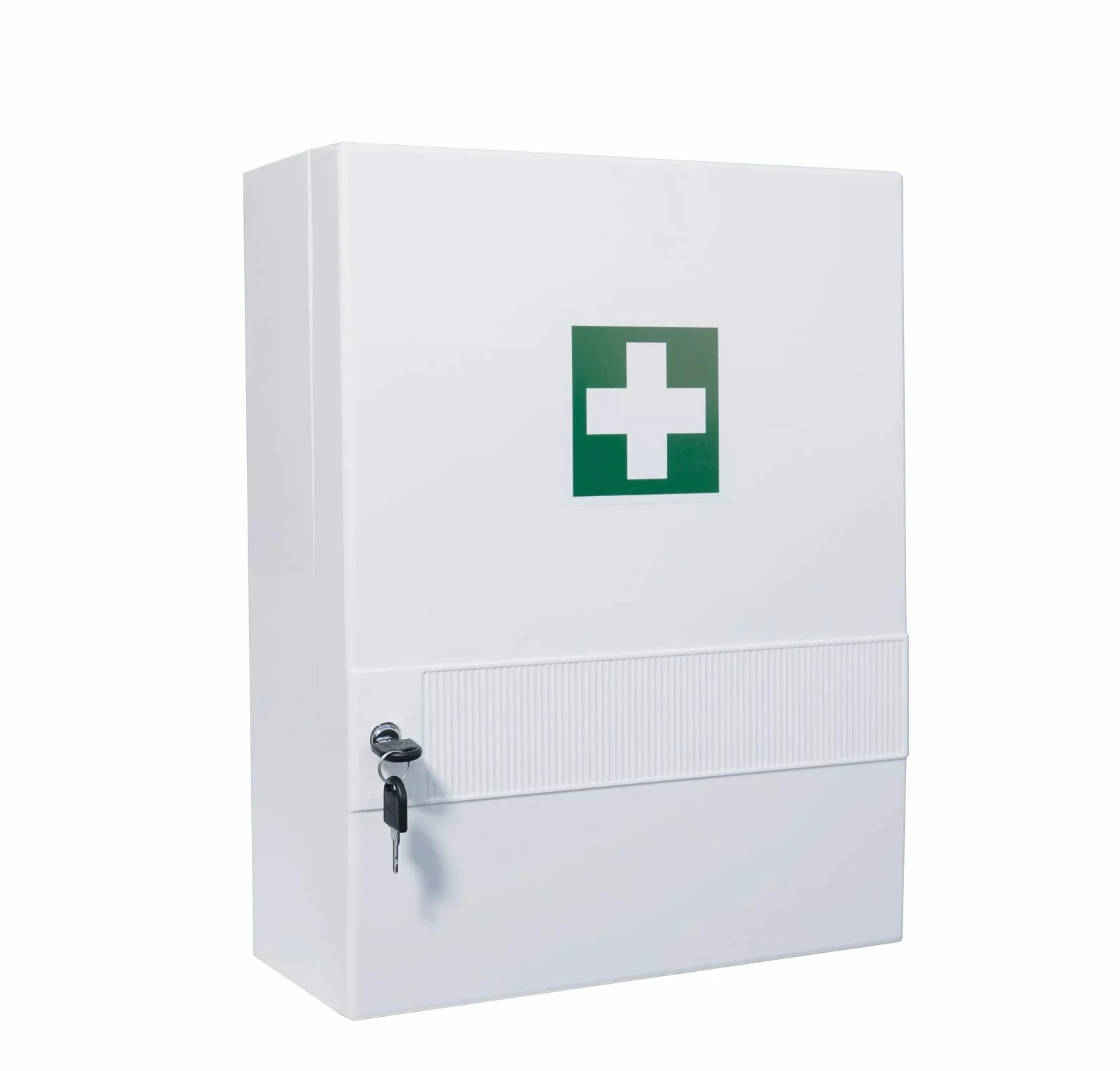 Apteczka pierwszej pomocy z DIN 13157, szafka medyczna z tworzywa sztucznego, 10 przegródek (4 wyjmowane), zamek bezpieczeństwa – 45 x 34,5 x 16 cm – wytrzymała i kompaktowa – do zawieszenia, w
