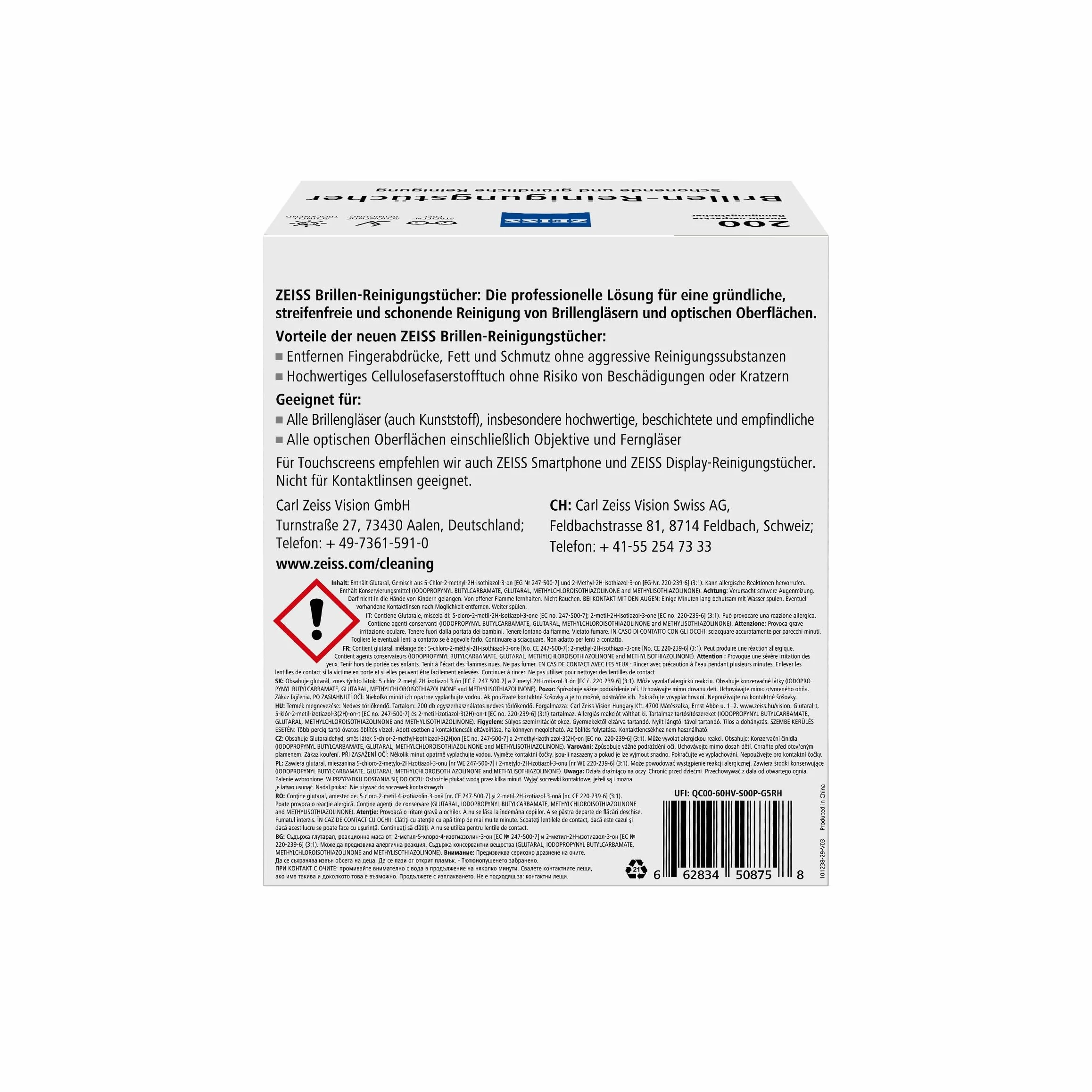 ZEISS 0666-762, Ściereczki do czyszczenia okularów z alkoholem do delikatnego i dokładnego czyszczenia okularów – każda ściereczka jest zapakowana pojedynczo – 200 sztuk, przezroczysty