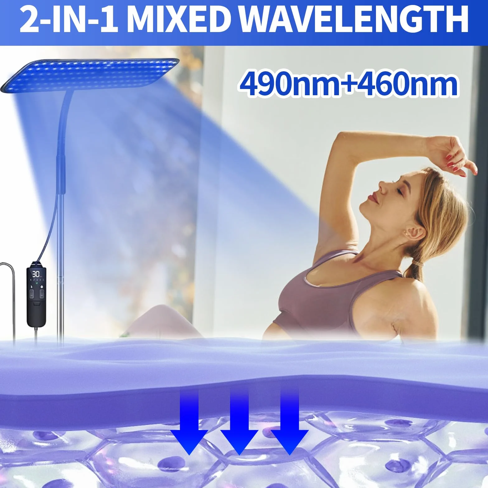 Solarium do domu, 50 W, przenośna lampa do opalania z okularami do solarium, lampa do opalania z opuszczanym cokołem, 225 szt. 460 NM + 490 NM perły do terapii światłem niebieskim, opalarka do twarzy