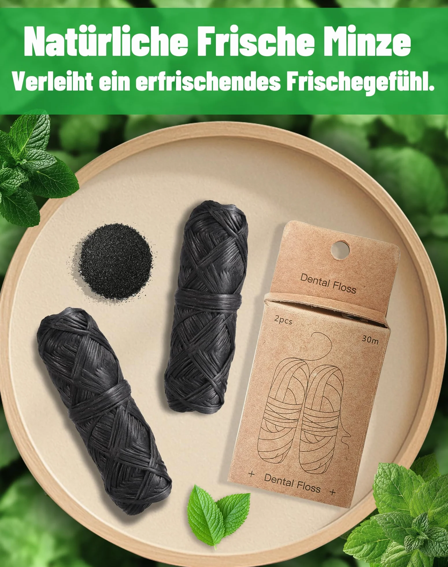 60 m ekologiczna nić dentystyczna, bez plastiku, w szkle, 2 szpule, bio floss, woskowana, z Candelilla, bambusem i węglem aktywnym, bez PFAS, miętowa, ekologiczna, wegańska, 2 x 30 m od LAOYE